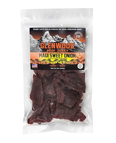 Glenwood Beef Jerky Maui Sweet Onion Jerky - Bolsa resellable de 9 onzas Cecina de res húmeda y tierna, cecina sin gluten, aperitivo alto en