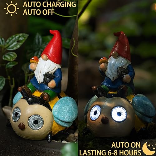 Miniatura 4 de Estatua de gnomo de jardín para decoración al aire libre con lámpara LED solar, gnomos de jardín sentados en la estatua de mariquita para decoración