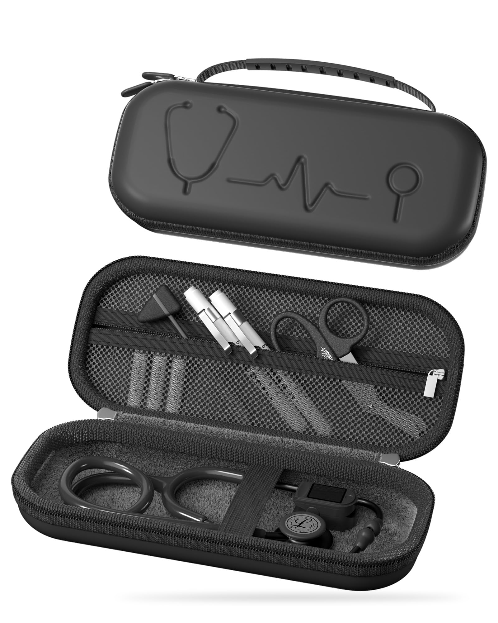 ProCase 聴診器ケース 耐衝撃 ハードEVA 収納ポーチ Littmann Cardiology対応 メッシュポケット付き - ブラック | Classic III Lightweight III IV MDF Acoustica等対応, ベルベット裏地, 弾性固定バンド, 軽量コンパクト, 持ち手付き, 医療従事者への贈り物に