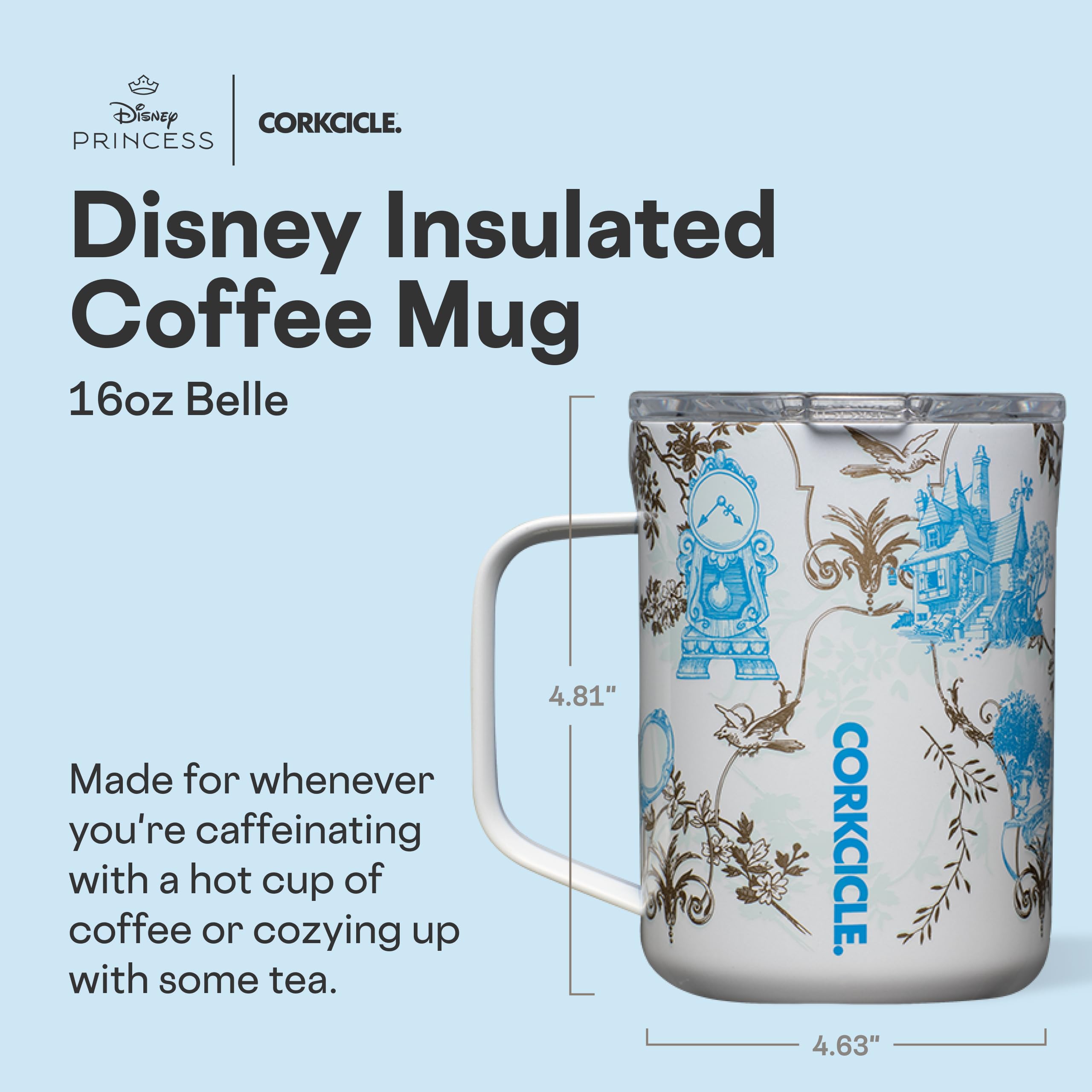 Corkcicle Disney Princess Belle - Taza de café aislada con tapa, acero inoxidable, a prueba de derrames para café, té y cacao caliente, 16 onzas