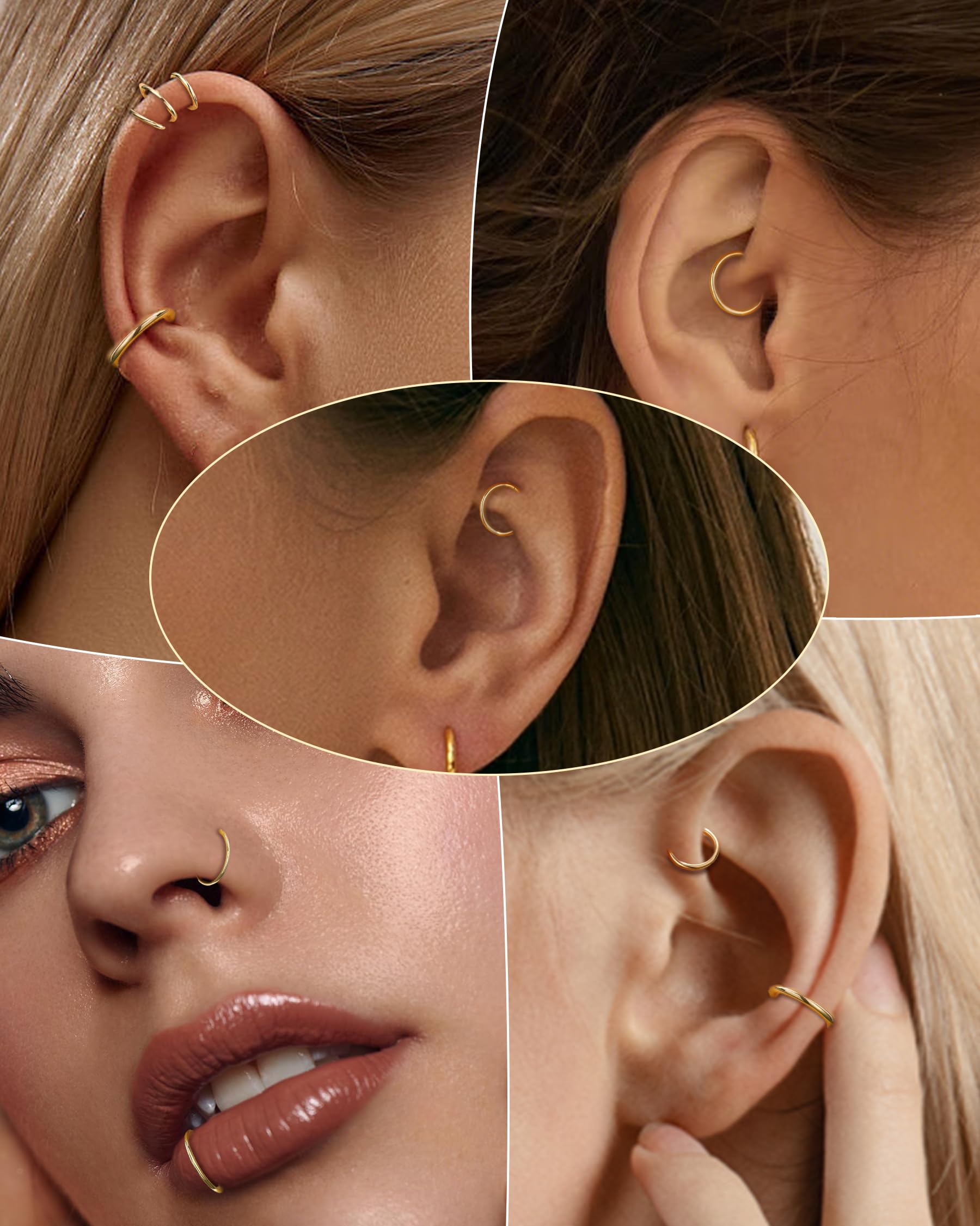 OUFER Body Piercing Nose Ring Hoop 20G Nose Ring Hinged Segment Helix Lip Rings Thin Nose Hoop Piercing Gold Cartilage Daith Rook Tragus Conch Earrings Jewellery