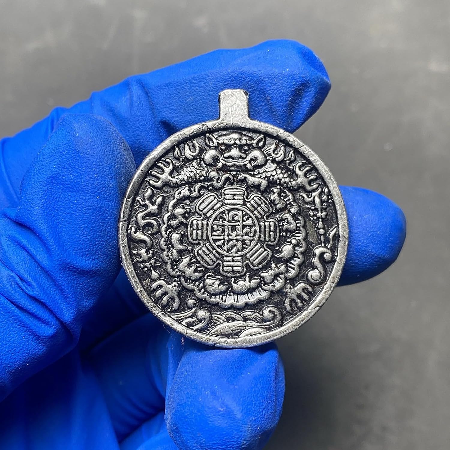 Iron Meteorite Pendant Produced in Aletai, China. Tibetan Buddhist Double-Sided Medallion Pendant, and Vajra Motif,