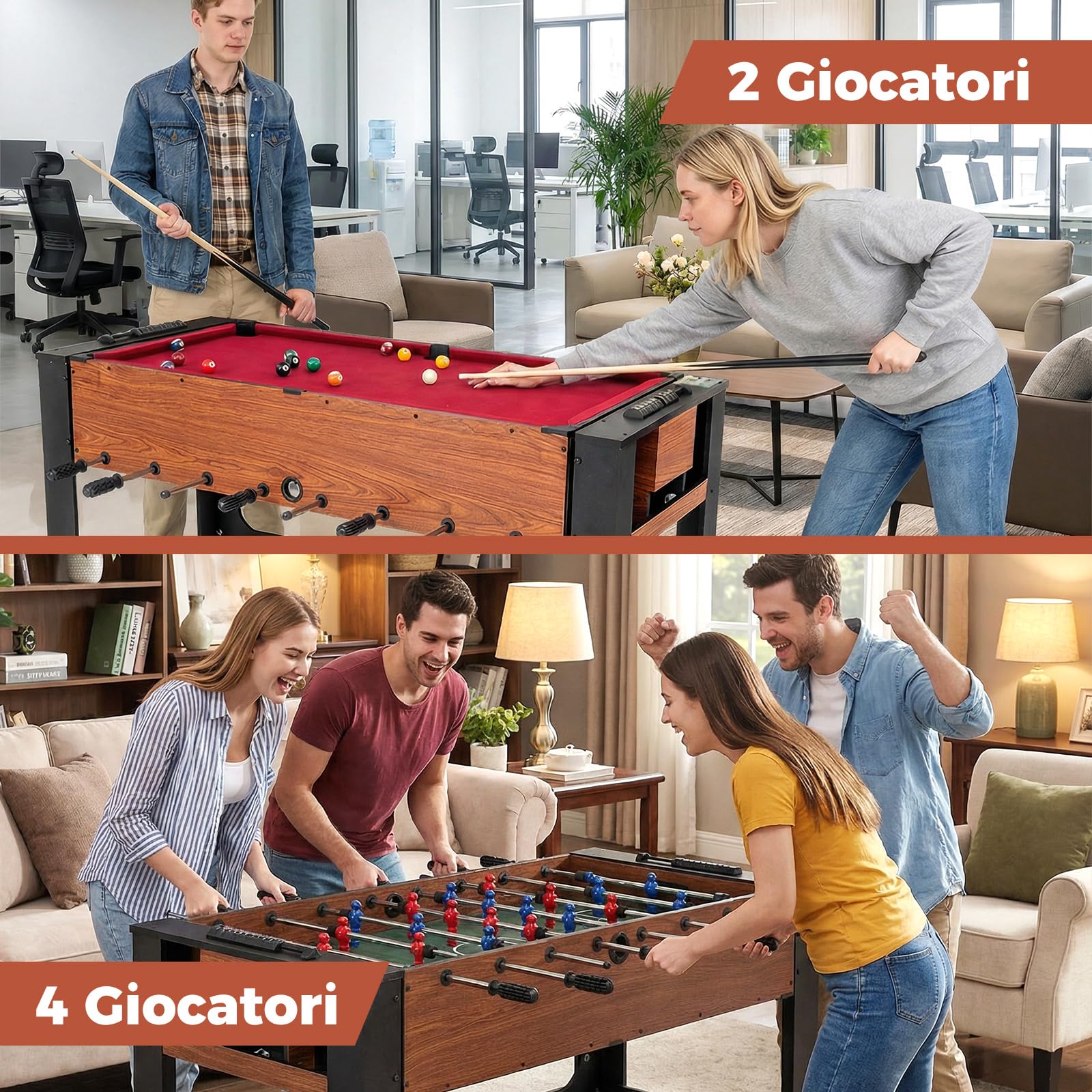 COSTWAY 2 in 1 Calcio Balilla, Tavolo da Biliardo con 2 Palline, Stecche Triangolo Spazzola e Gessetti, Tavolo Multigioco per Casa Sala Giochi e Feste