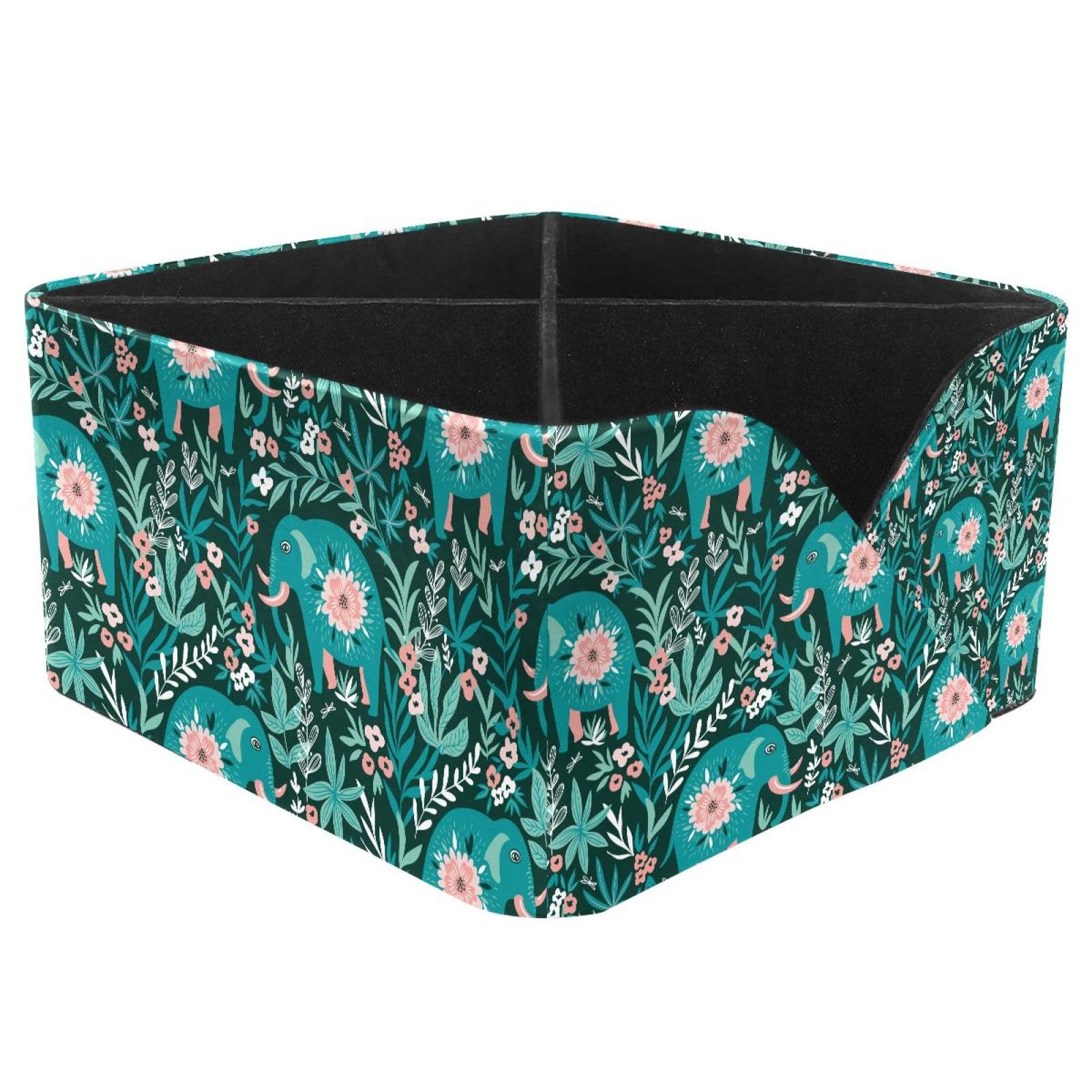 KengjuTesu Tropical Jungle Elephants Flowers Floral Pattern Desktop Organizer Pen Holder, Rectangular Pencil Cup for Office, Study and Makeup Stations