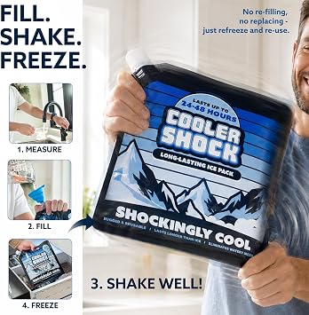 Cooler Shock Reusable Ice Packs for Cooler - Long Lasting Cold Freezer Packs for Coolers and Lunch Boxes - Cooler Ice Packs for Camping Gear, Fishing, Road Trips, Beach Must Haves