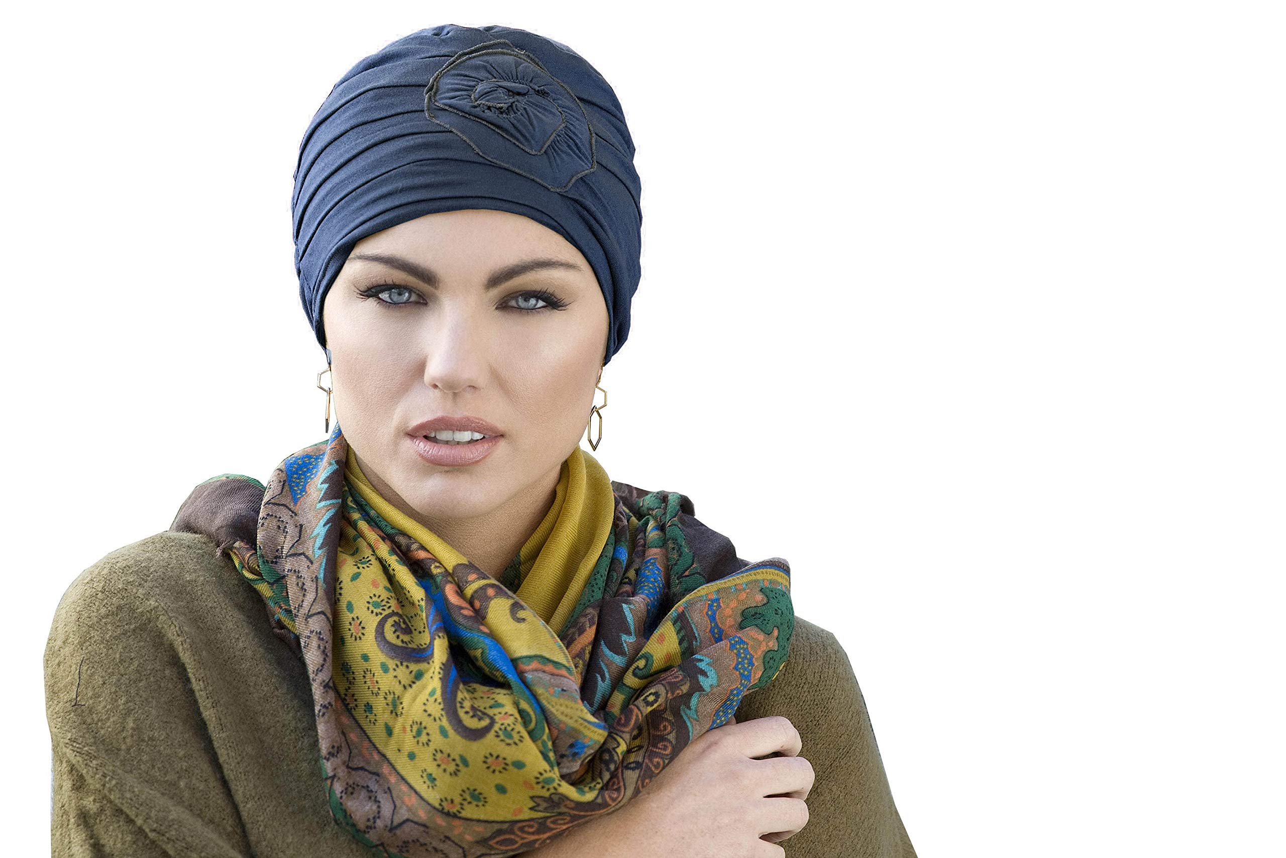 MASUMI Chemo Turbans for Women | Chemotherapy Headwear for Women | Chemo Head Scarf | Cotton Hat for Alopecia and Girls| Cancer Hair Loss Primrose (Navy)
