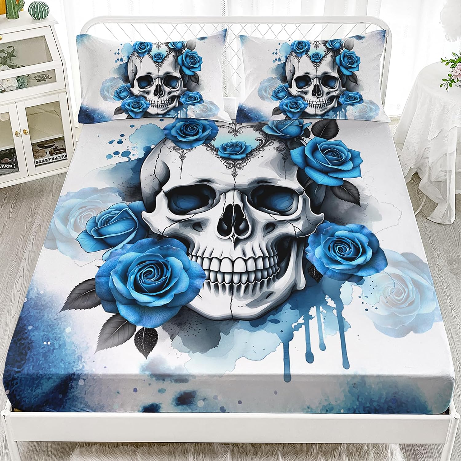 AILONEN 3D Skull Fitted Sheet Set Full Size,3-Piece Watercolor Blue Rose Printed Girls Bedding Set,Gothic Floral Skull Skeleton Fitted Sheet & 2 Pillowcases