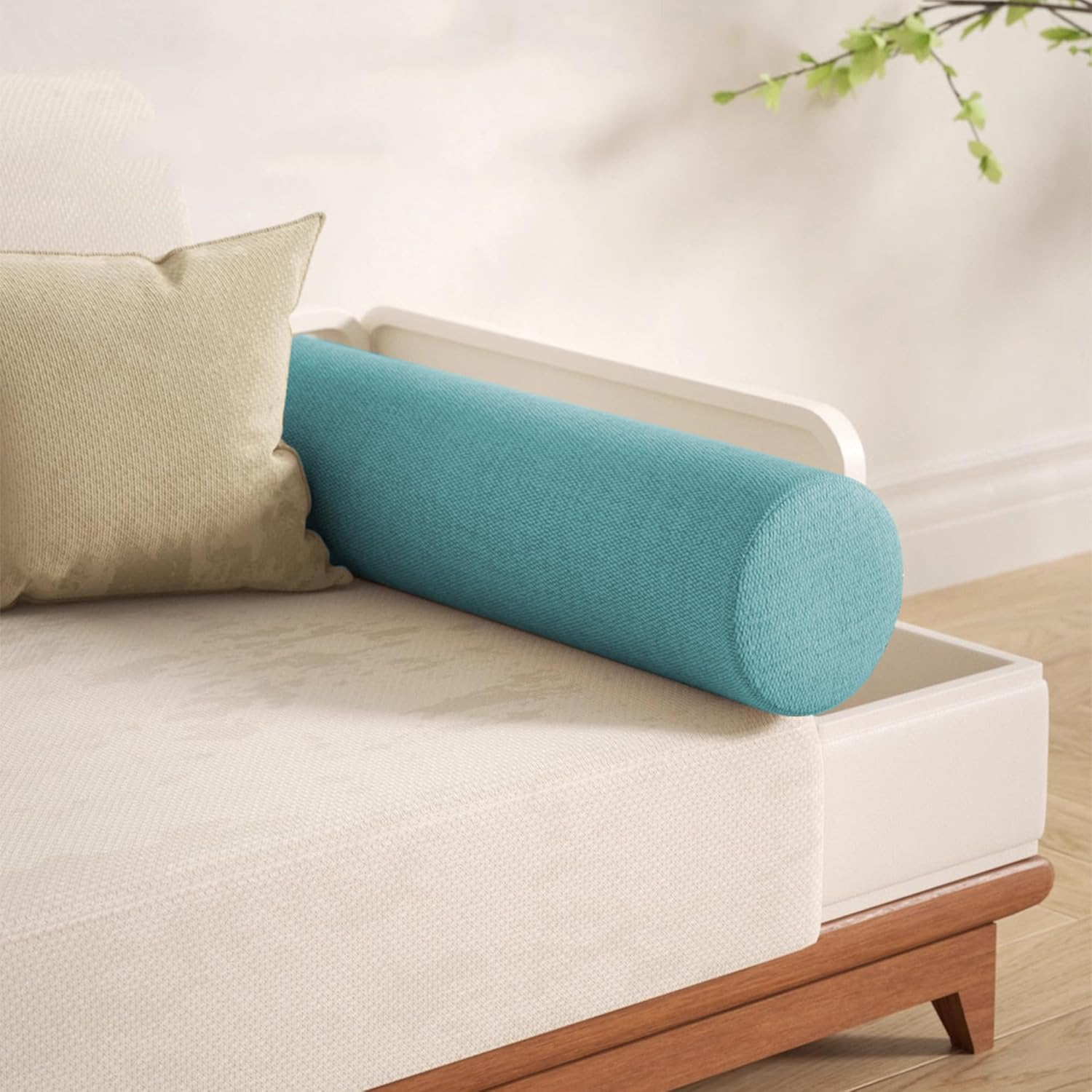 Round Sofa Armrest Support Cushions Furniture Armrest Pillows Head Lumbar Neck Pillows Cylinder Bolster Cushions with Removable Cover for Couch Bed Car Home (60 * 15cm,Beige)