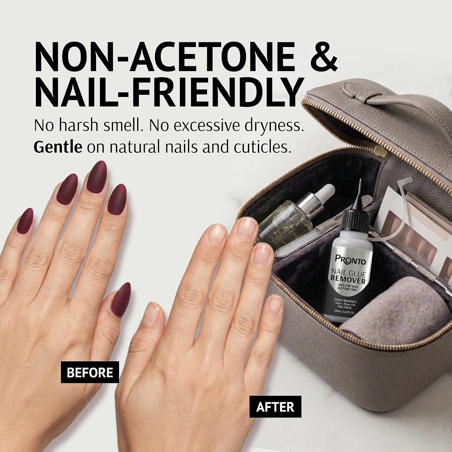Pronto 20 mL Nail Glue Remover, Acetone Free for Press On Nails, Removes Nailpolish Glue, Gel & Polish, Gentle on Natural Nails & Skin, Professional Nail Glue Dissolver with Precision Applicator