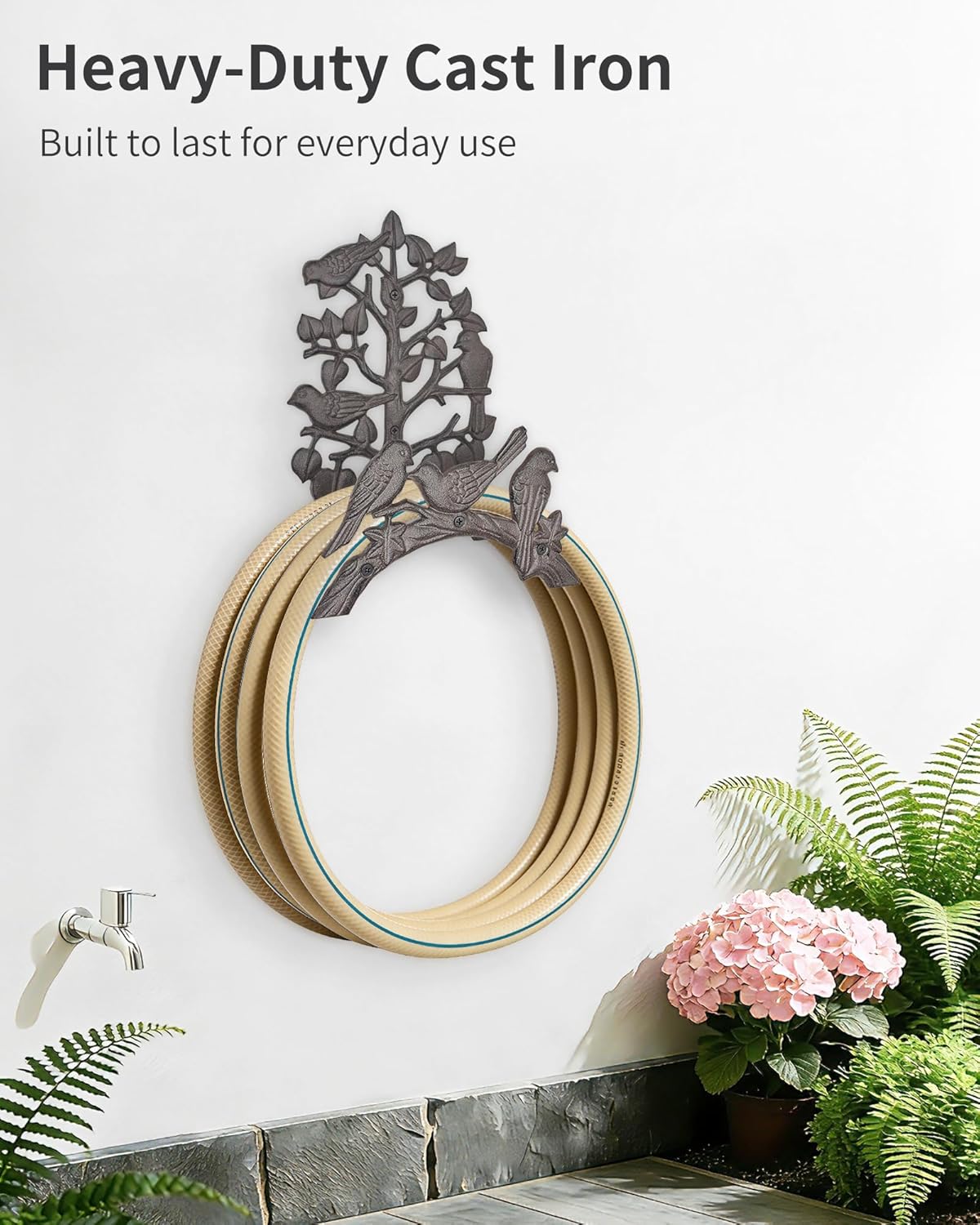 Cast Iron Garden Hose Holder Wall Mount, Rustic Heavy Duty Water Hose Hanger Storage Rack, Decorative Vintage Hose Reel Organizer for Outside Garden Yard Patio, Birds on Branch Design
