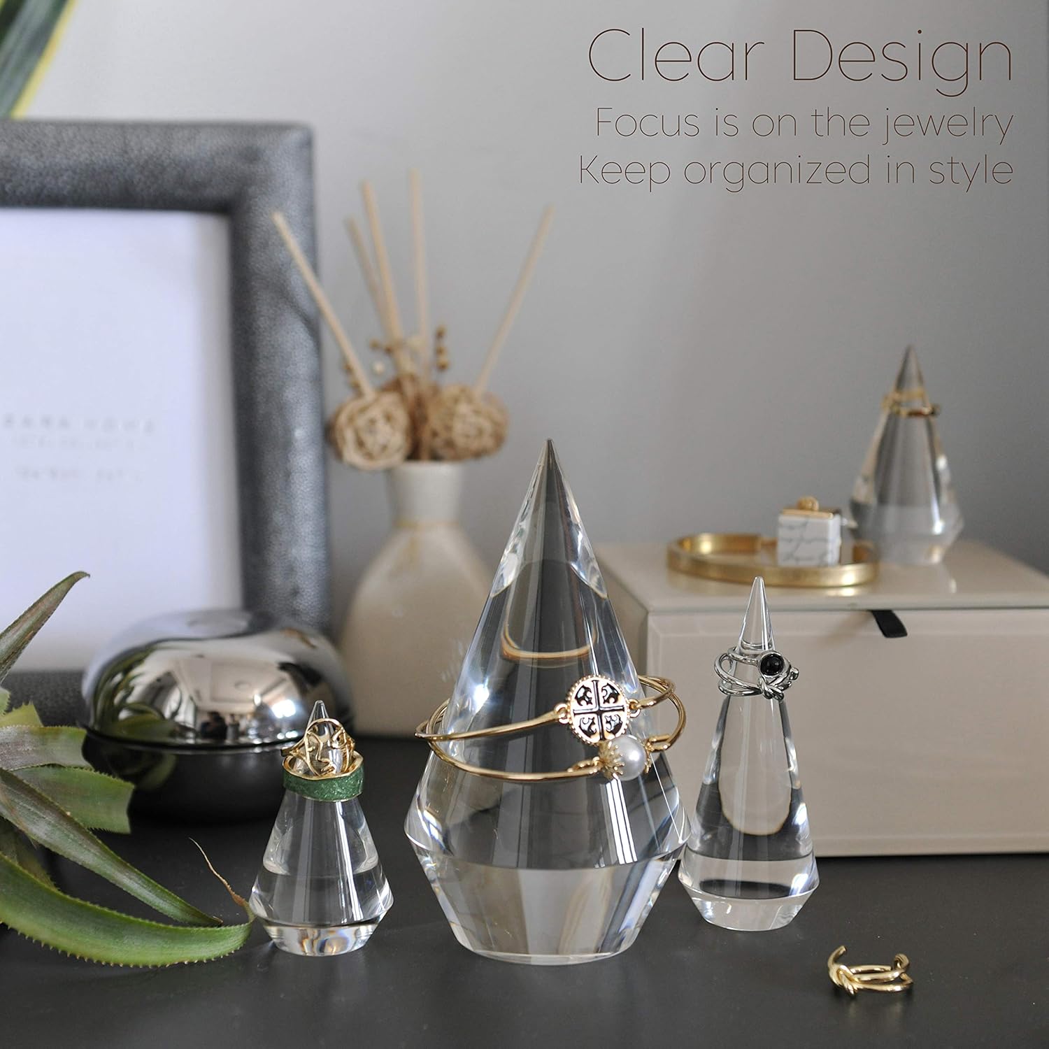 Acrylic Ring Holders 3Pcs Cone Shape Display Jewelry Tower Rings Storage Organizer Stand Clear Rack (Clear)