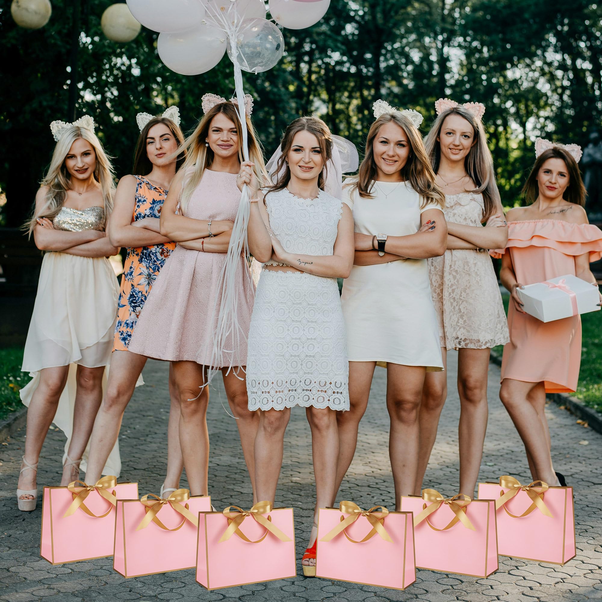 STOBOCTER 12 Pcs Thank You Gift Bags with Handles 12.6"x4"x9.1'' Welcome Bags Return Gifts with Bow Ribbon for Wedding Bridesmaid Baby Shower Graduation Housewarming Birthday Party(Pink, Gold)