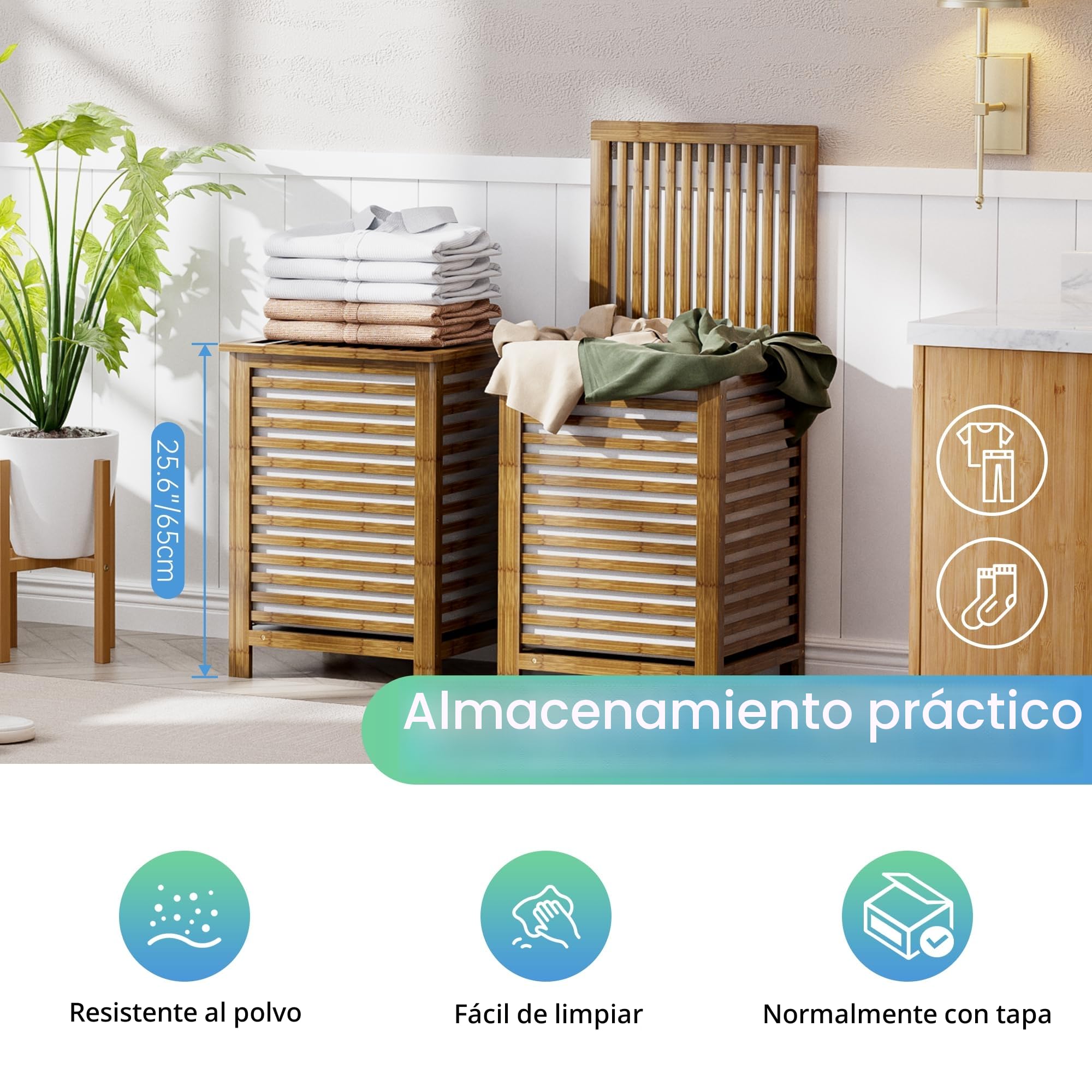 SMIBUY cesta de lavandería doble con tapa, cesta de lavandería de bambú de 120L con bolsa de revestimiento extraíble, clasificador de lavandería divisor de ropa de 2 secciones (Nuez)