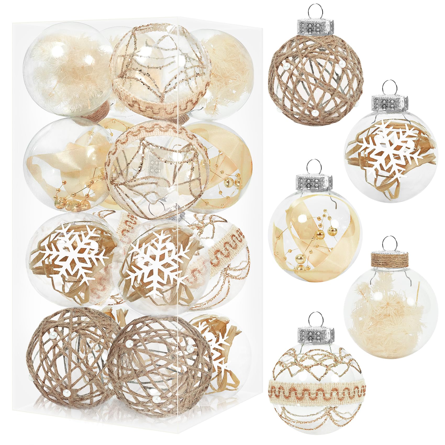 20 Pack Farmhouse Christmas Ornaments, 70mm/2.76" Rustic Christmas Ball Ornaments, Large Clear Plastic Neutral Boho Tree Decorations for Xmas Garland Wreath Holiday Home Wedding Party Decor