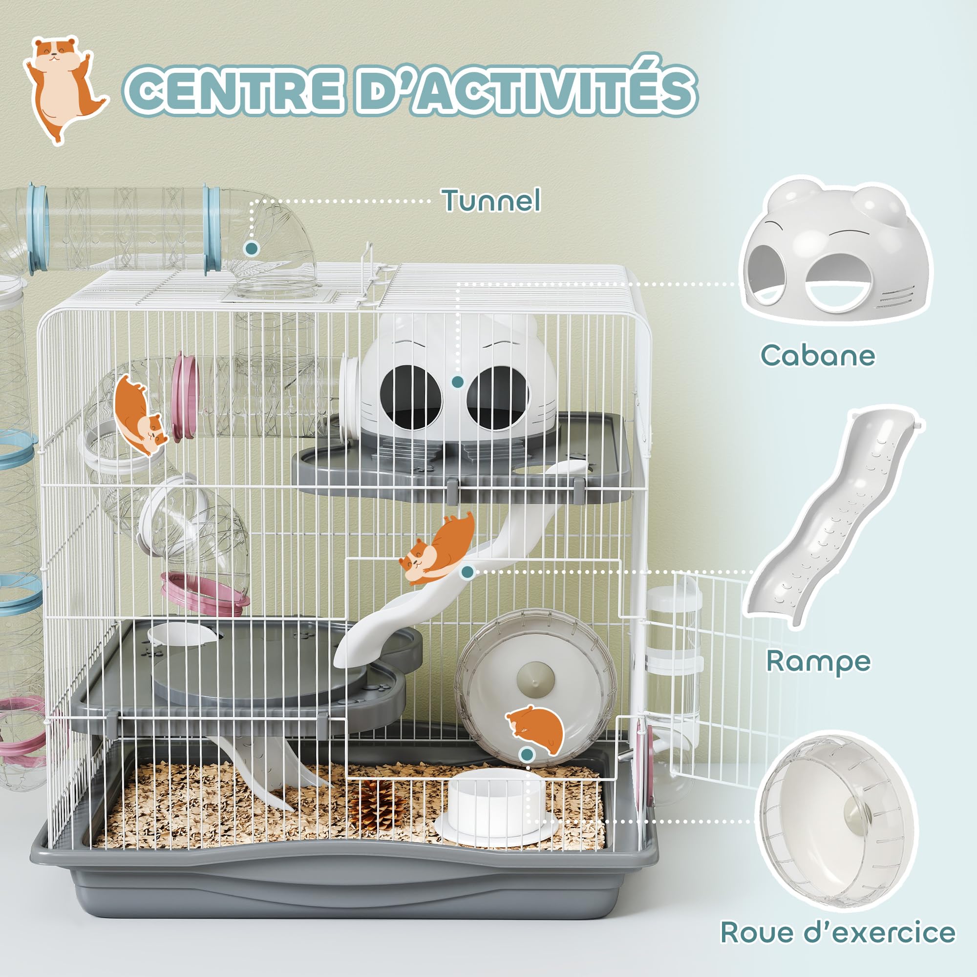 PawHut Cage Hamster, Cage Rongeur à 3 Niveaux, avec Roue d'exercice, Tunnel, gamelle, Niche et Rampe d'accès, pour Hamsters Nains et gerbilles, 45 x 30 x 45 cm, Gris | Cage Rongeur, Roue d'Exercice, Tunnel, Gamelle, Niche, Rampe d'Accès, pour Gerbilles
