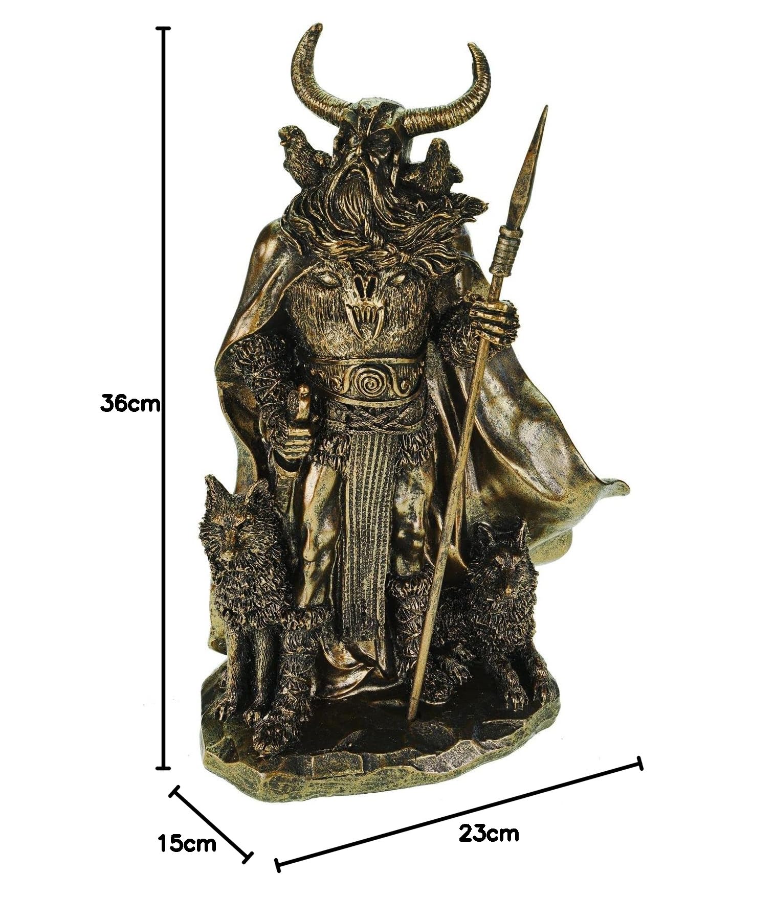 Kremers Schatzkiste Figura de Odin con cuervos Hugin y Munin y lobos Geri y Freki, 36 cm, mitología nórdica, escultura de dioses de polirresina – Regalo vikingo