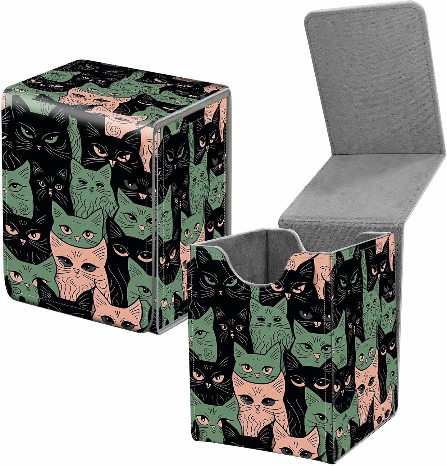 Card Deck Box for Trading Cards, MTG Commander Deck Box Fits 100+ Single Sleeved Cards, Leather Magnetic Card Storage Box for YuGiOh TCG CCG Cards, Black Green Cats
