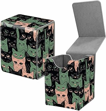 Card Deck Box for Trading Cards, MTG Commander Deck Box Fits 100+ Single Sleeved Cards, Leather Magnetic Card Storage Box for YuGiOh TCG CCG Cards, Black Green Cats