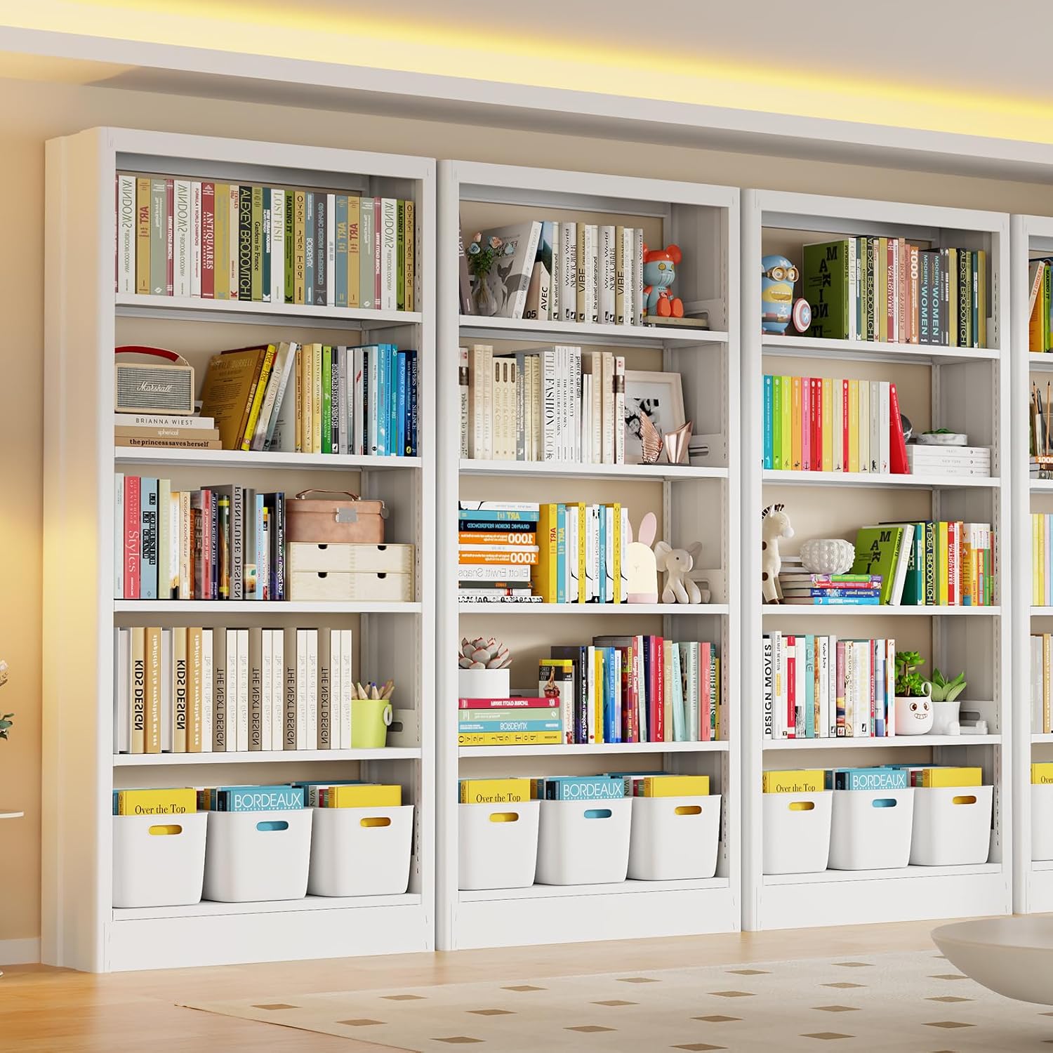 Metal White Bookshelf, 71"H Tall Bookcase with Adjustable Storage Shelves, 5-Tier Heavy Duty Book Shelf, Modern Open Large Book Case for Library, Living Room, Office, including Book Stopper (White)