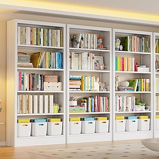 Metal White Bookshelf, 71"H Tall Bookcase with Adjustable Storage Shelves, 5-Tier Heavy Duty Book Shelf, Modern Open Large Book Case for Library, Living Room, Office, including Book Stopper (White)