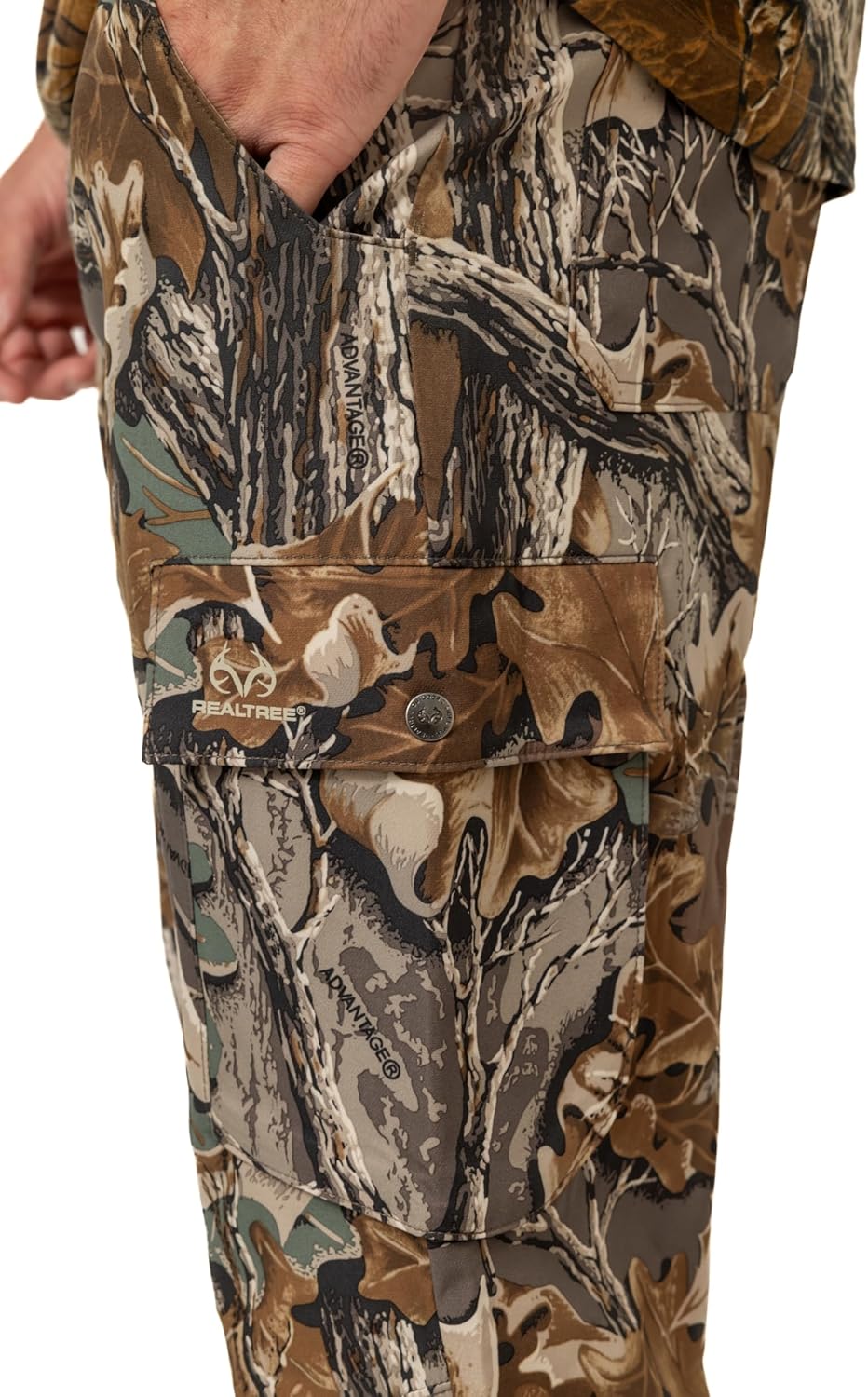 Close-up of the cargo pocket with Realtree Antler Logo on the hunting pants.