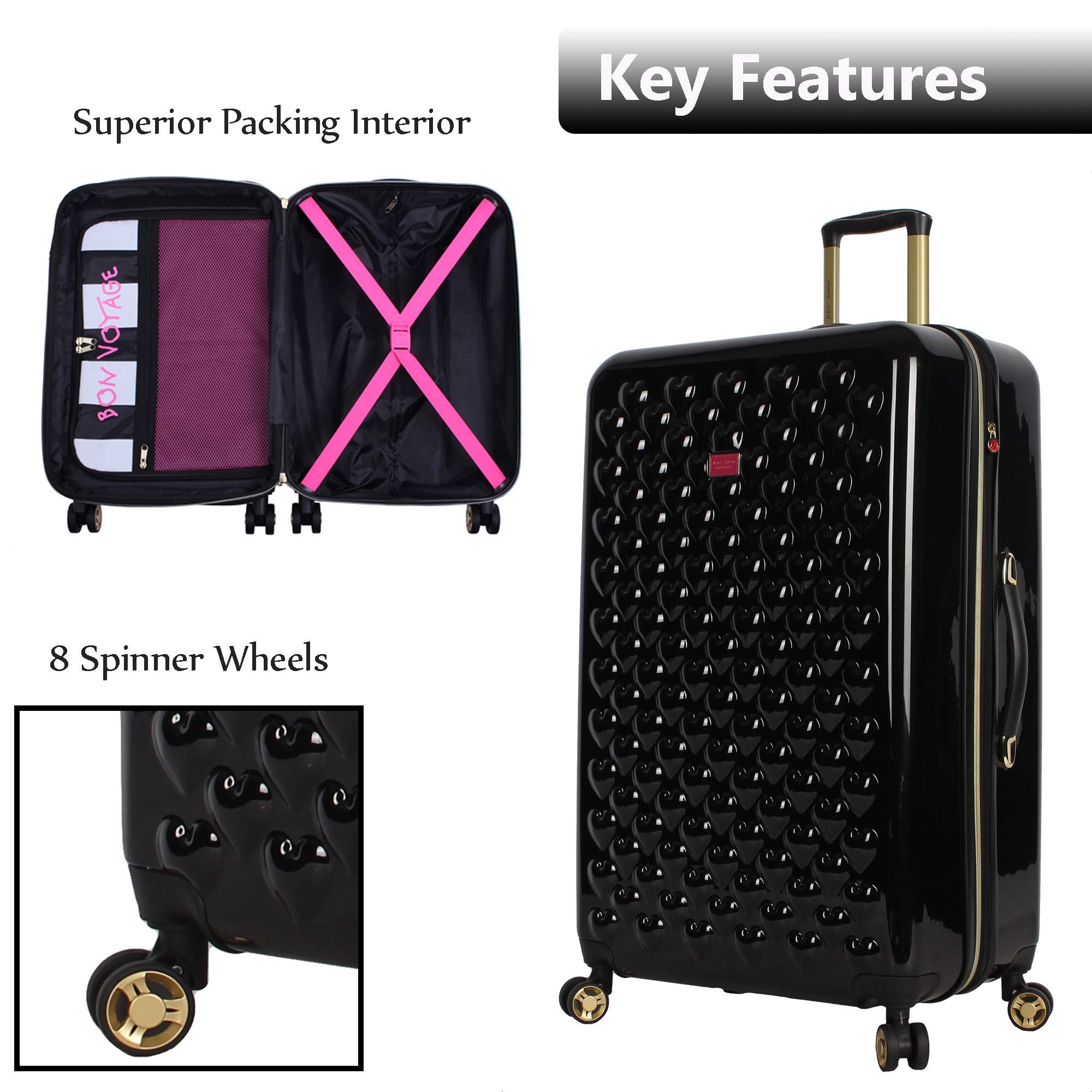 Betsey Johnson Designer Luggage Collection - Expandable 3 Piece Hardside Lightweight Spinner Suitcase Set (): Heart to Heart Black