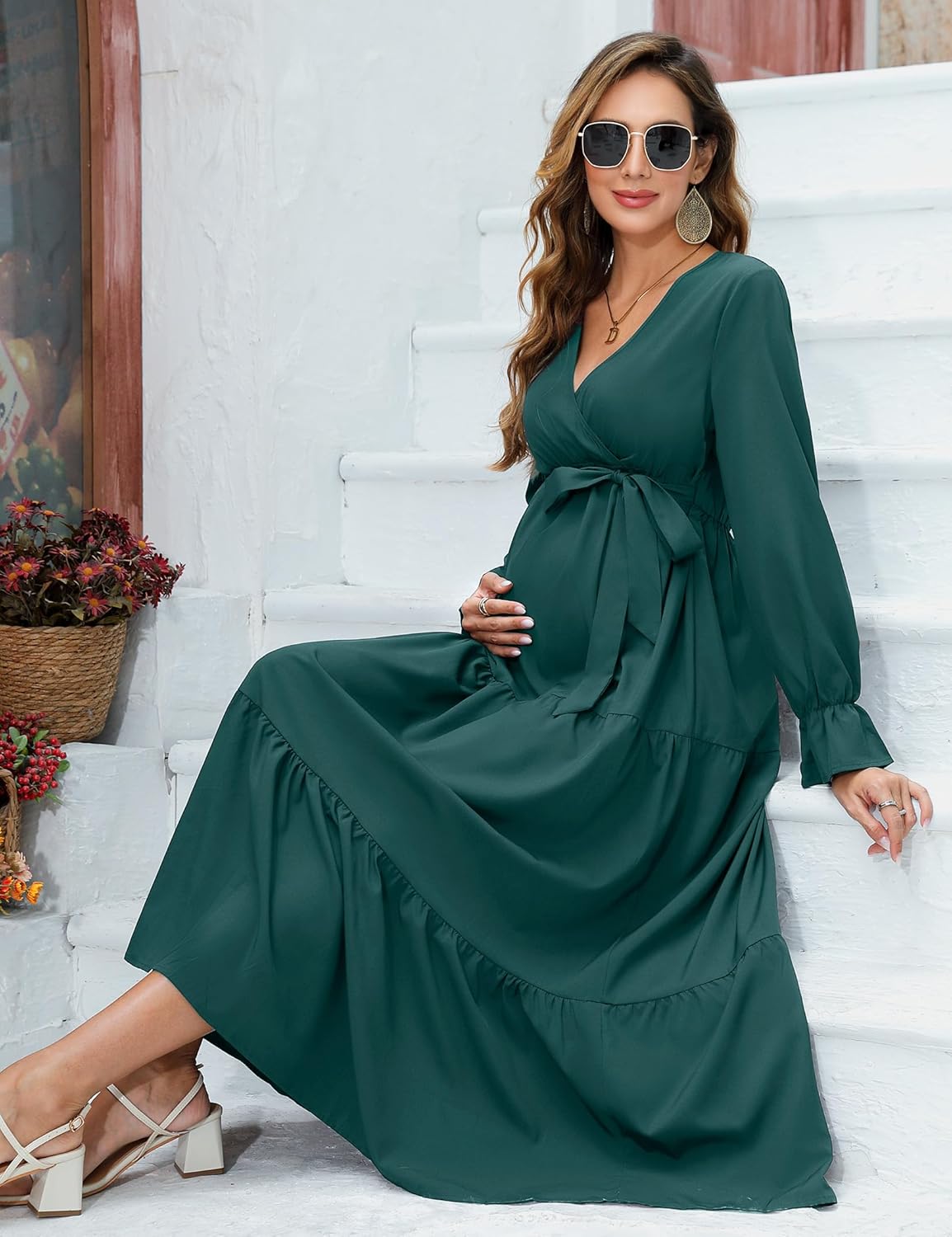 Maternity Dress Women's Summer V-Neck Maternity Maxi Dress with Belt Baby Shower Dress Maternity Photography Dress longgreen M