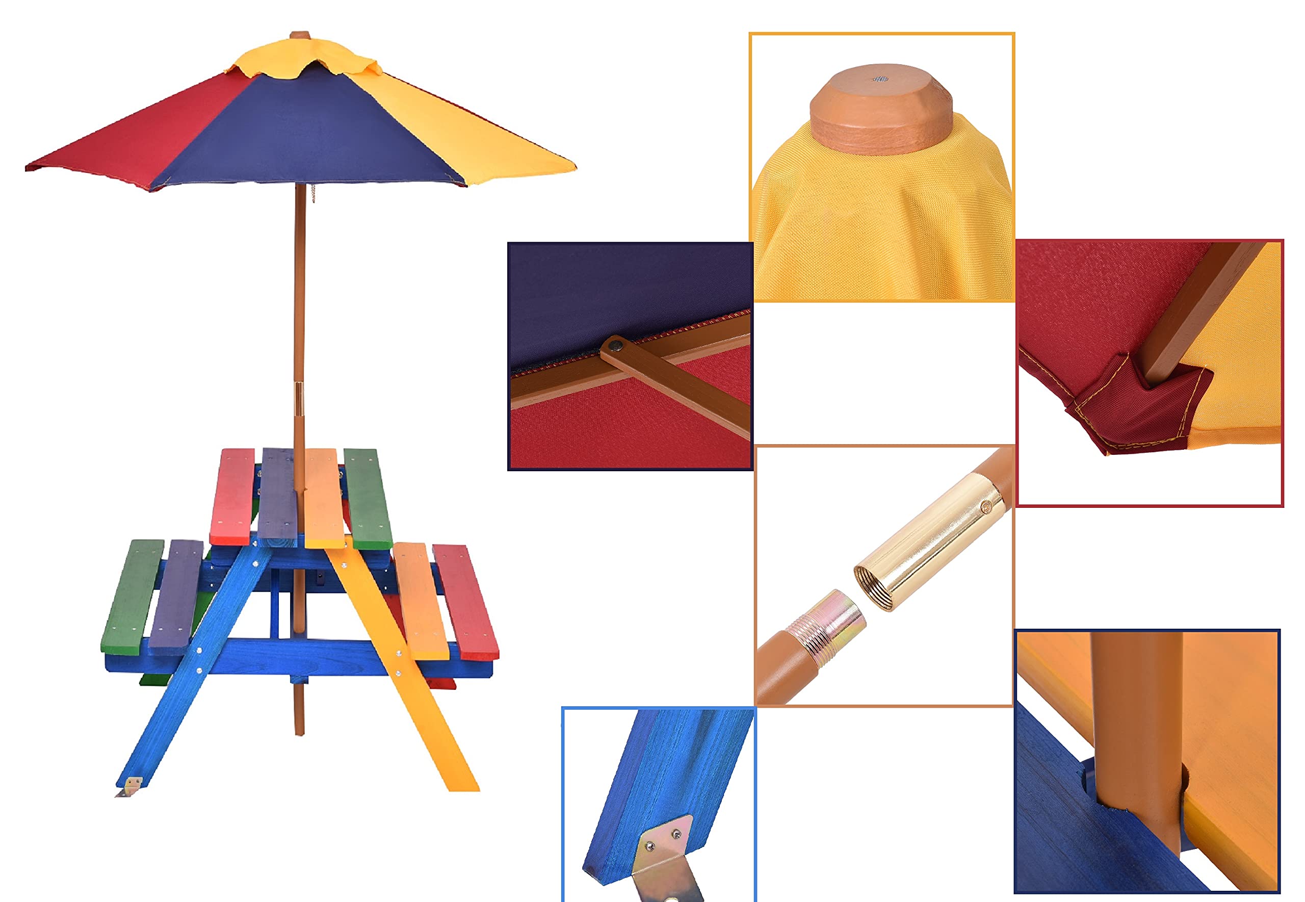 GIANTEX Set di Tavolo Picnic per Bambini in Legno Massiccio con Ombrellone, Set da Giardino per Bambini 1 Tavolo e 2 Panche Colorato per Giardino, Balcone, Campeggio