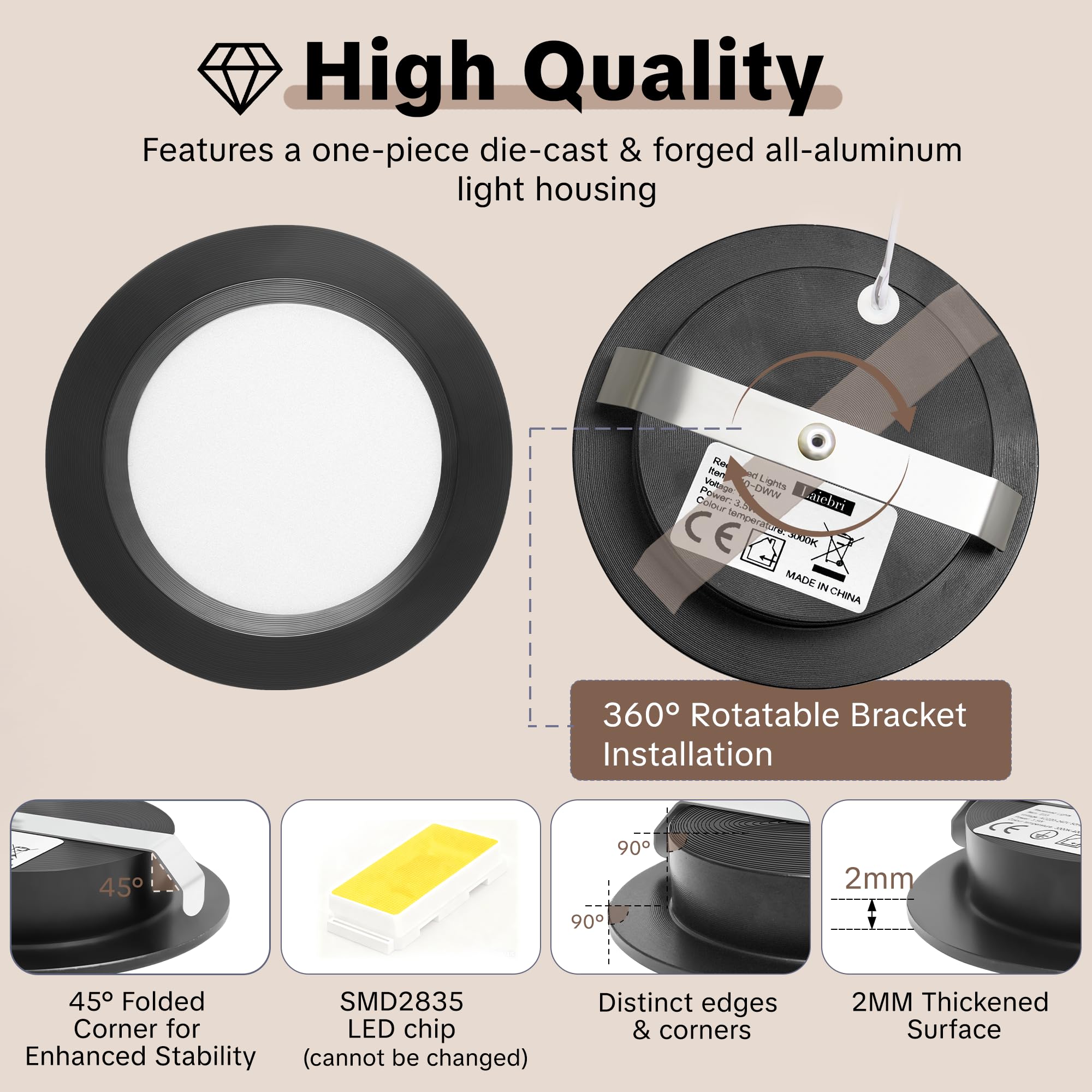 3 x Downlight LED Techo Empotrable 12V, 3000K 3.5W 330LM Aluminio Focos LED Interior Techo Regulable, Foco Empotrable Agujero 55-58mm, IP44 Ojos de Buey para Autocaravana Muebles, Negro