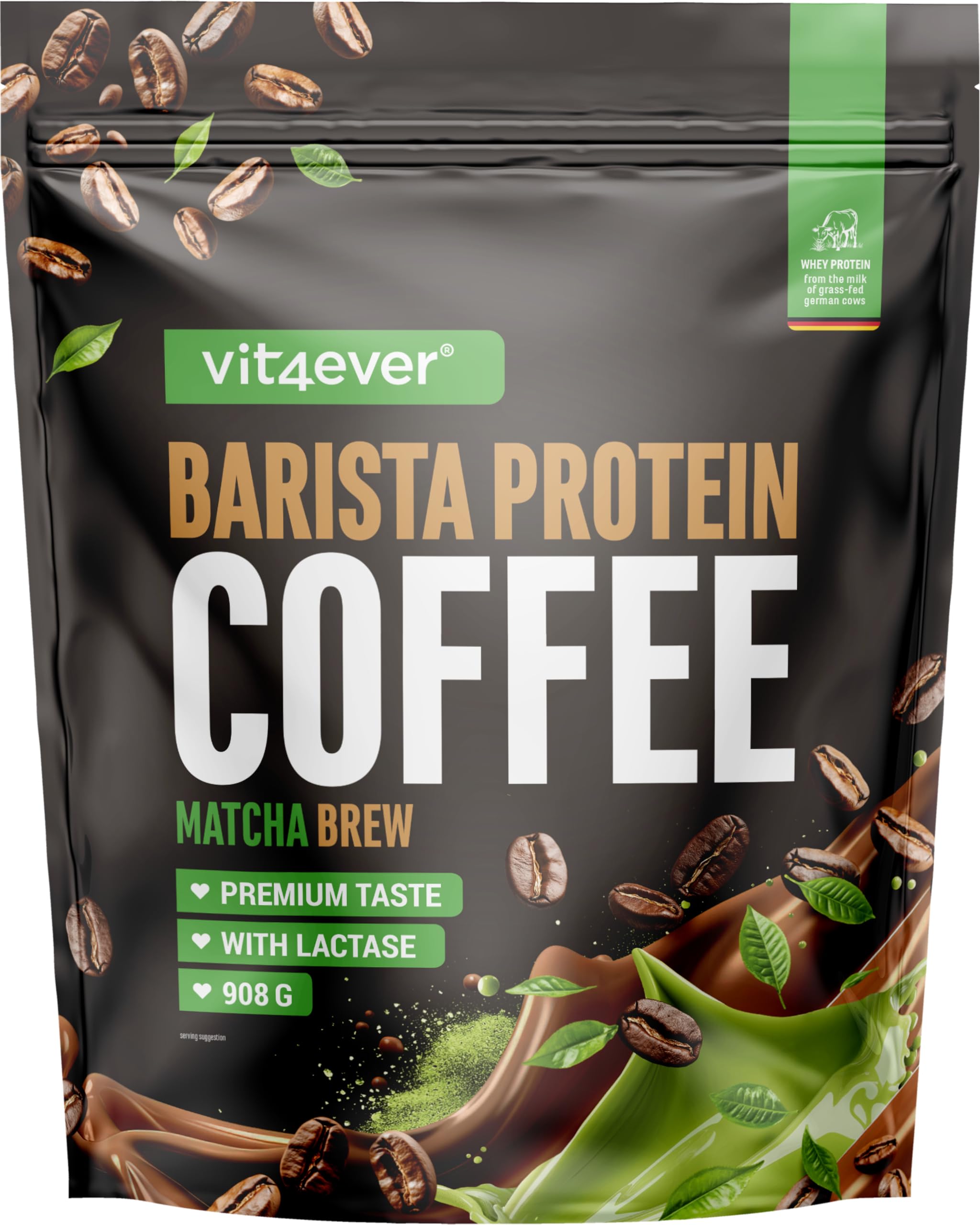 vit4ever Barista Protein Coffee - 908 g - Matcha Brew | Caffè Proteico con fino a 20 g di Proteine per Porzione - Con Vero Caffè e Caffeina - A Basso Contenuto di Zuccheri e Grassi