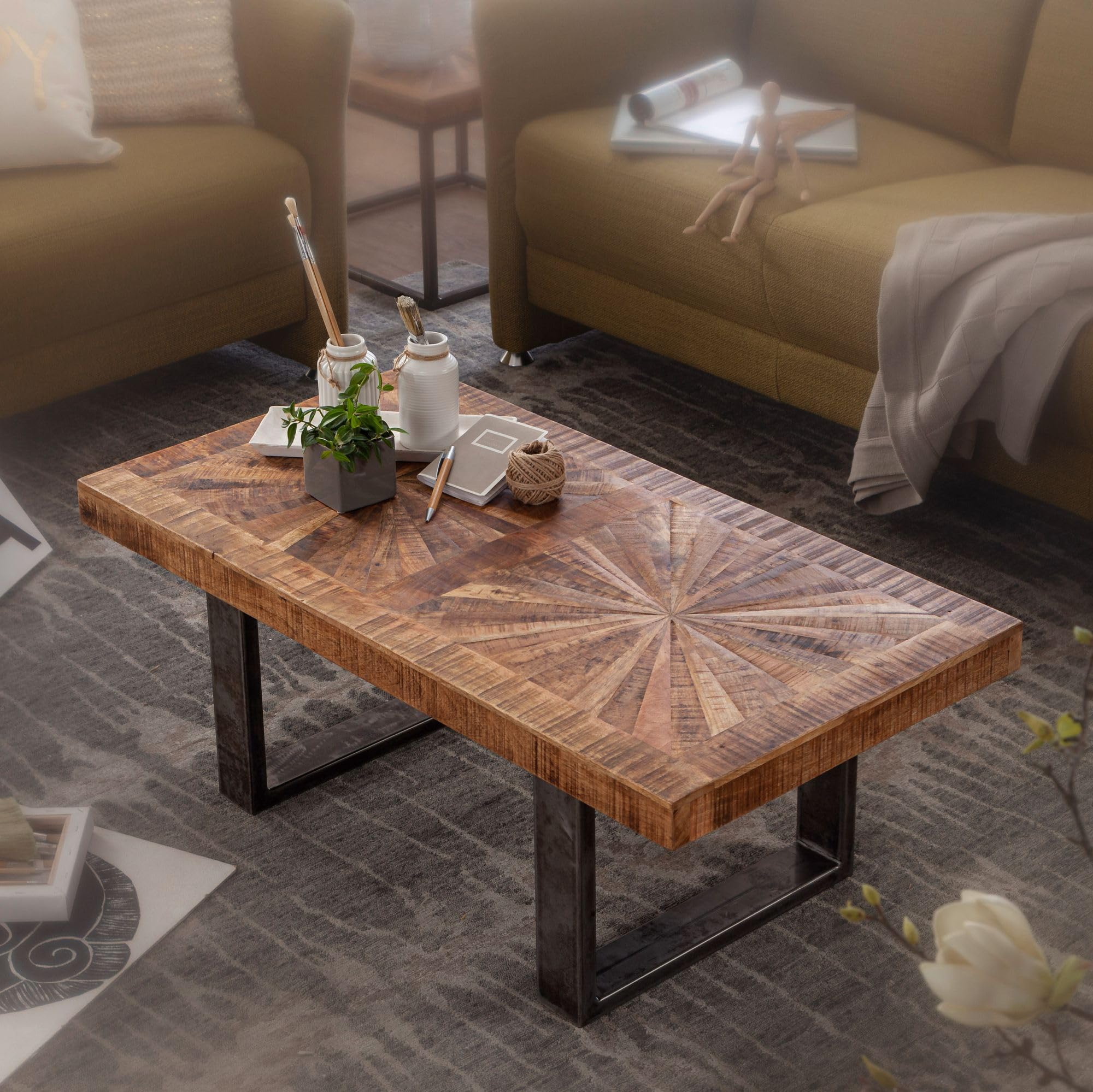 FineBuy Mesa de Centro Industrial Rectangular 105x55x40 cm Madera Maciza de Mango y Metal | Mesa Auxiliar para Salón | Mesita Café para Sofá | Mesa de salón rectangular con estructura de metal, mesa de sofá de madera auténtica, rústica, hecha a mano, únic