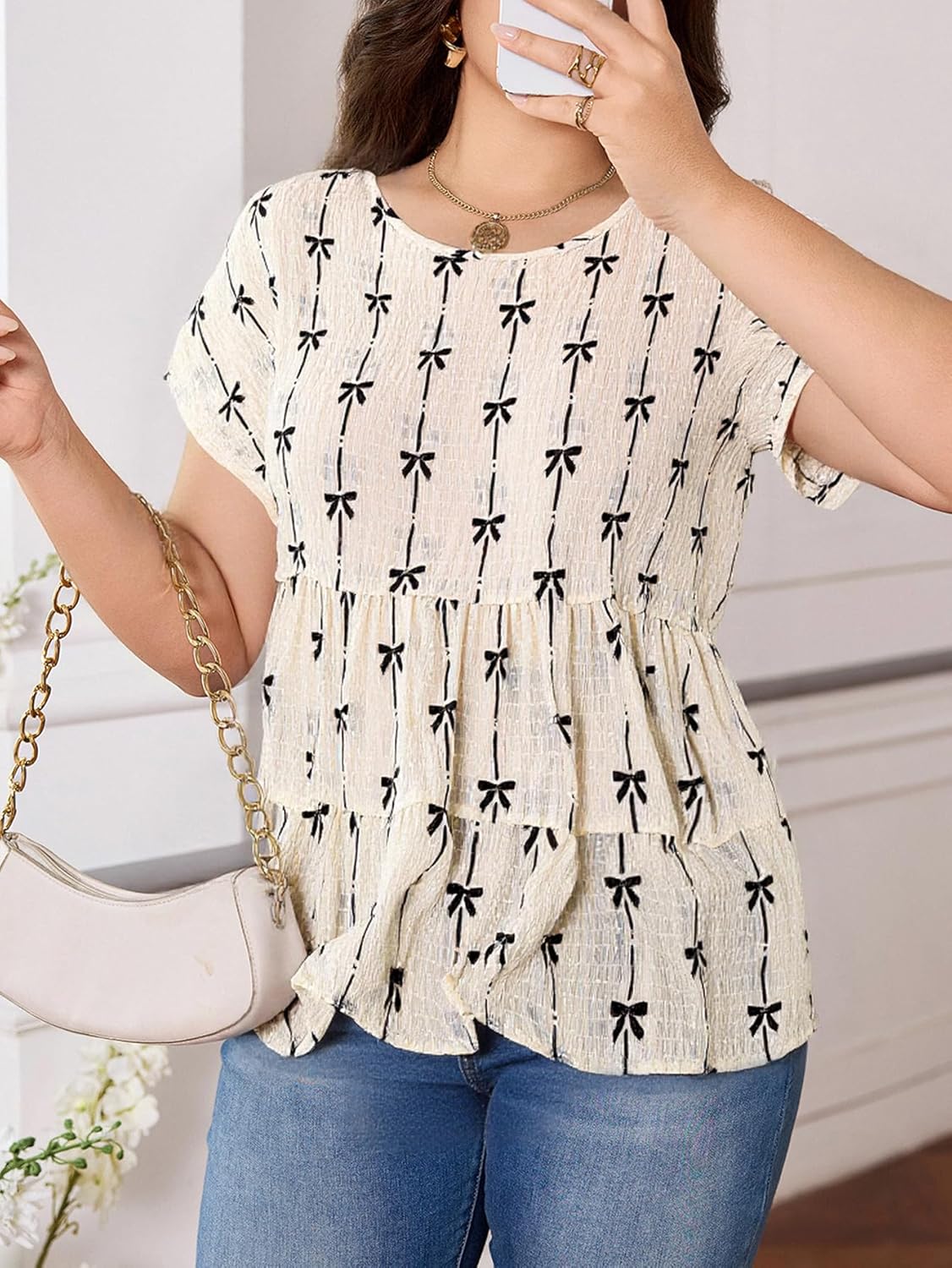 Women's Plus Size Bow Print Tiered Ruffle Blouse Summer Dressy Casual Short Sleeve Cute Tops - Image 3