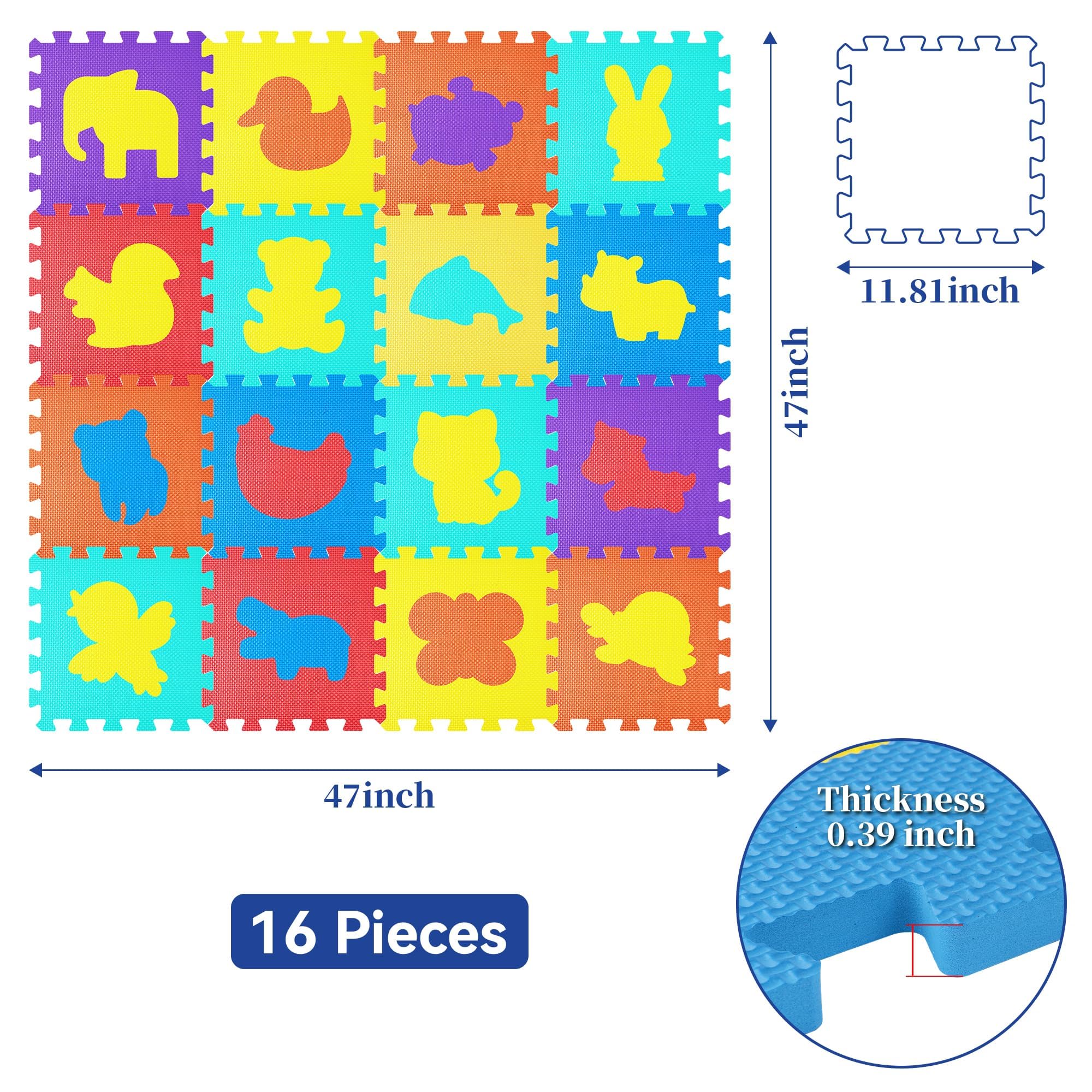 Tappeto Puzzle Bambini 16 Pezzi (120x120 cm) - Schiuma EVA Sicura | Motivi Animali Educativi | Antiscivolo | Impermeabile | Per Asilo/Casa