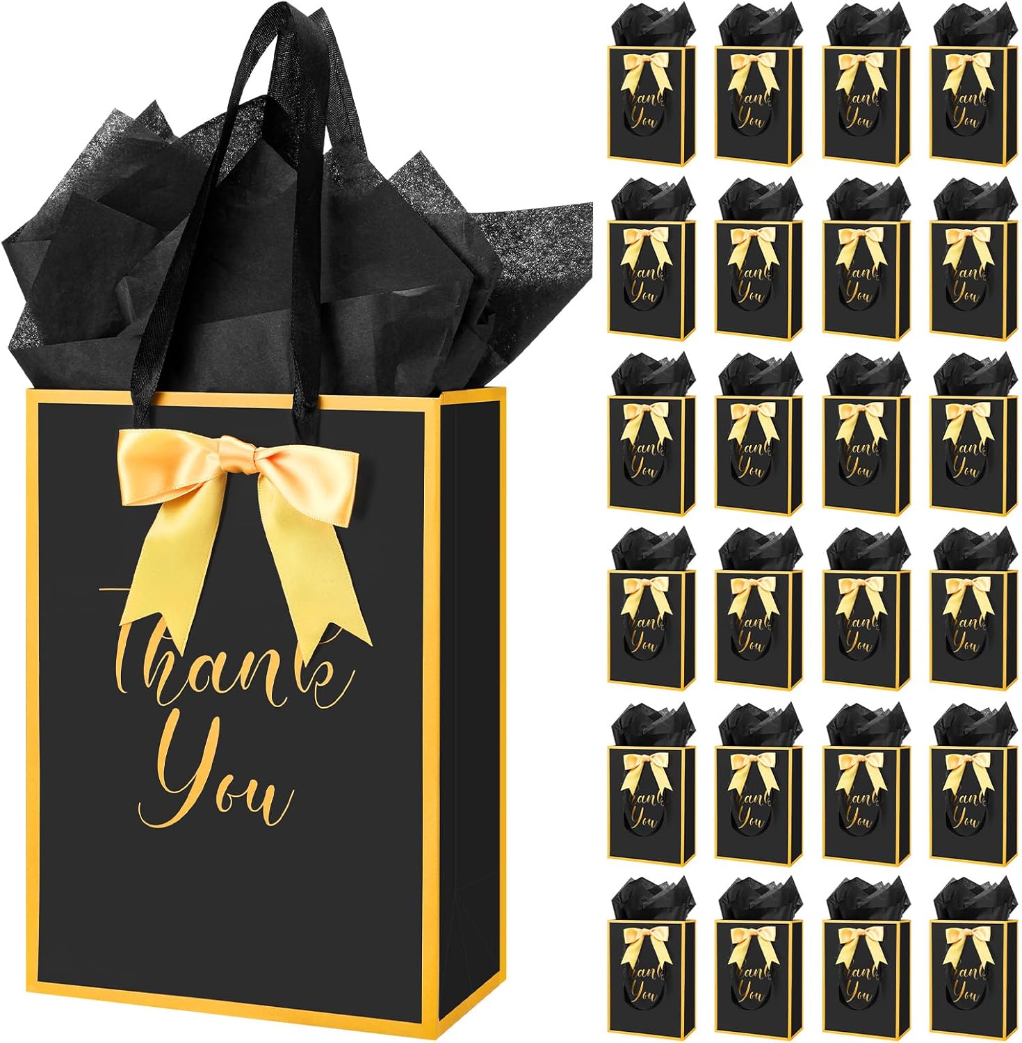 AmazingSpark 24 Pack Thank You Gift Bags with Handles Metallic Paper Gift Bags with Bow Ribbon Tissue 8.3 x 6 x 3.1 Gold Foil Welcome Favor Return Gifts for Small Businesses Boutiques Weddings Party