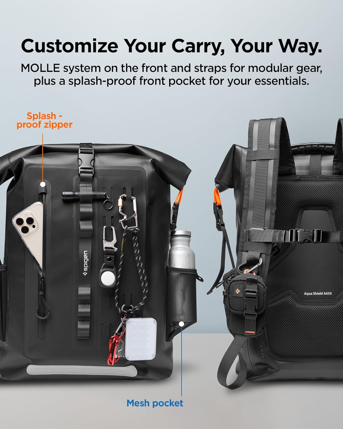 Spigen for Waterproof Backpack IPX6, 35L Roll Top Travel Rucksack Fits up to 16 Inch Laptop, Multi-Compartment Bag Ventilated Back, Chest Strap Hiking, Camping, Swimming, Canoeing, Fishing