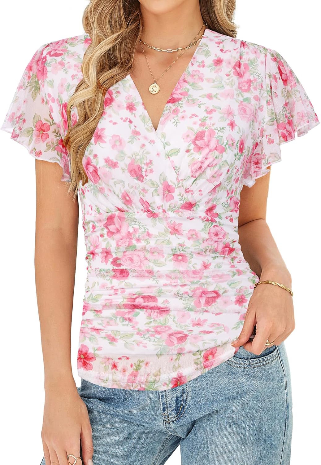 GRACE KARIN 2026 Womens Mesh Tops Summer Ruffle Sleeve Dressy Casual Top Floral Wrap Blouse Fashion Outfits