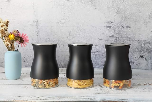 Hearth & Wreath: Black 3PC Kitchen Canisters Sugar, Tea, Coffee, Food, Candy. Tight Seal to lock out moisture. Glass Bottom. Chrome Plated Lid.