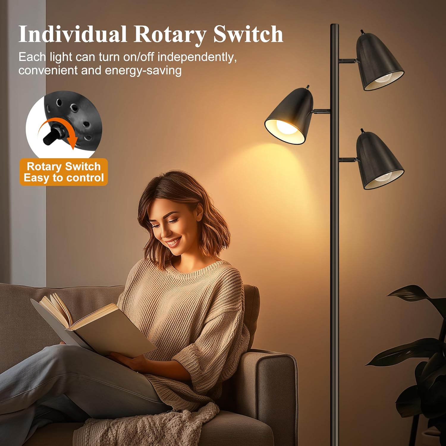 QiMH Tree Floor Lamp with 3 Light Bulbs, Standing Tall Pole Lamps for Living Room Bedroom Office, Reading Stand up Lamps with 3 Adjustable Arms, Black