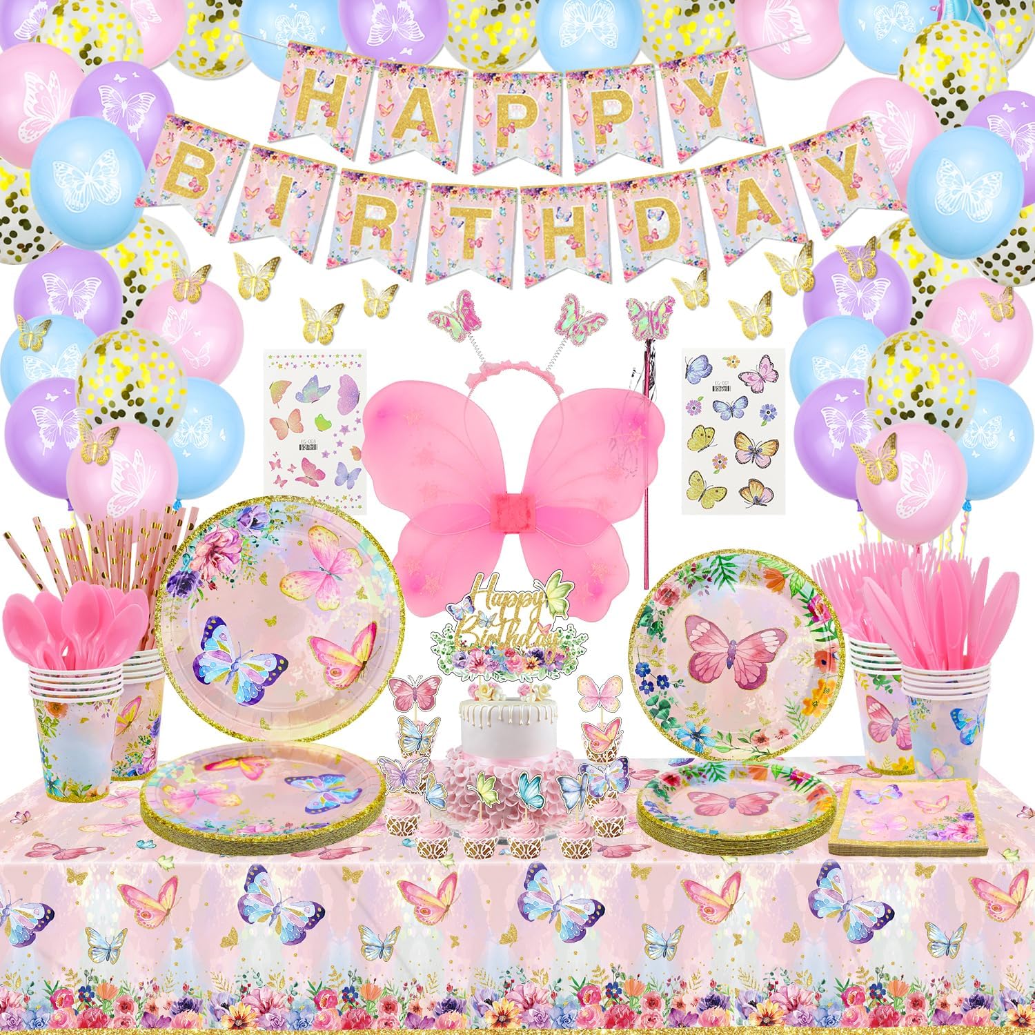 254 Pcs Party Decorations - Including Plates, Tablecloth, Balloons, Banner, Cups, Butterfly Wing Set for Birthday, Fairy Party Supplies