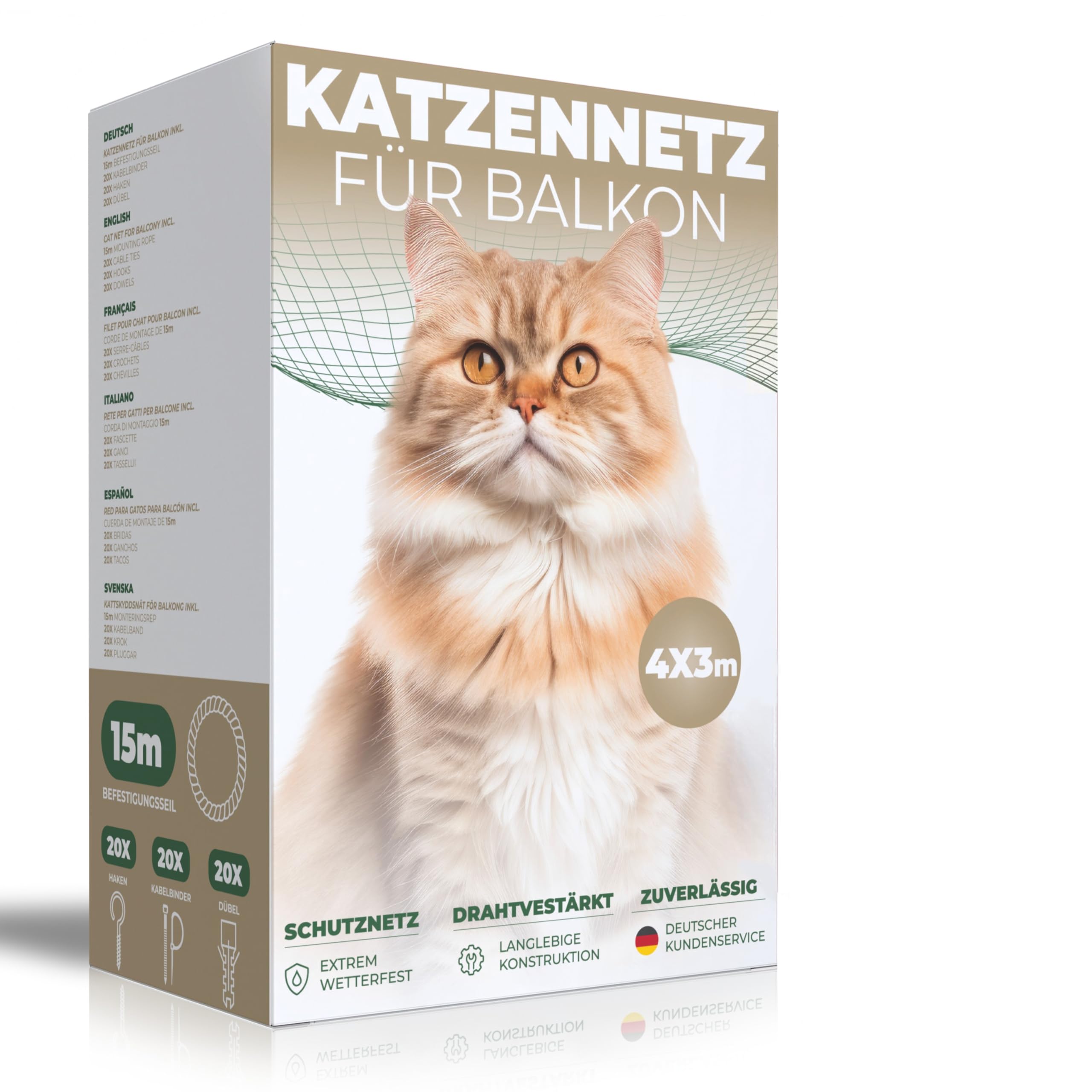 WOOWOOD Katzennetz für Balkon [Ohne Bohren] - Katzennetz Drahtverstärkt - Katzenschutznetz Wetterfest & UV-beständig - Katzengitter Inkl. 20 Kabelbinder & Dübel - Katzennetz Balkon und Fenster (4X3m)