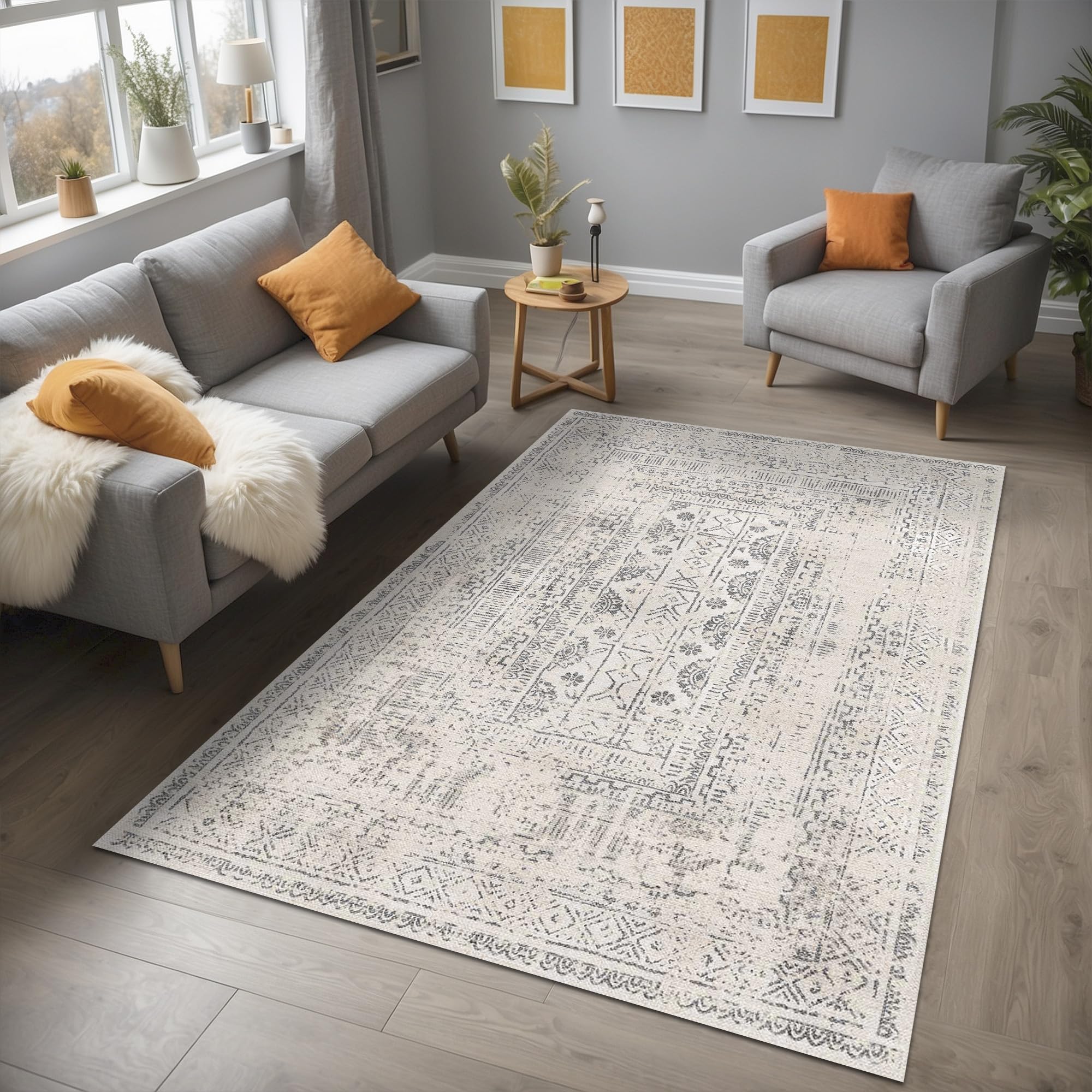 Latte Dizayn Duncan Vintage Desenli Şönil Pamuk Tabanlı Yıkanabilir Kaymaz Antibakteriyel Salon Halısı 200x250