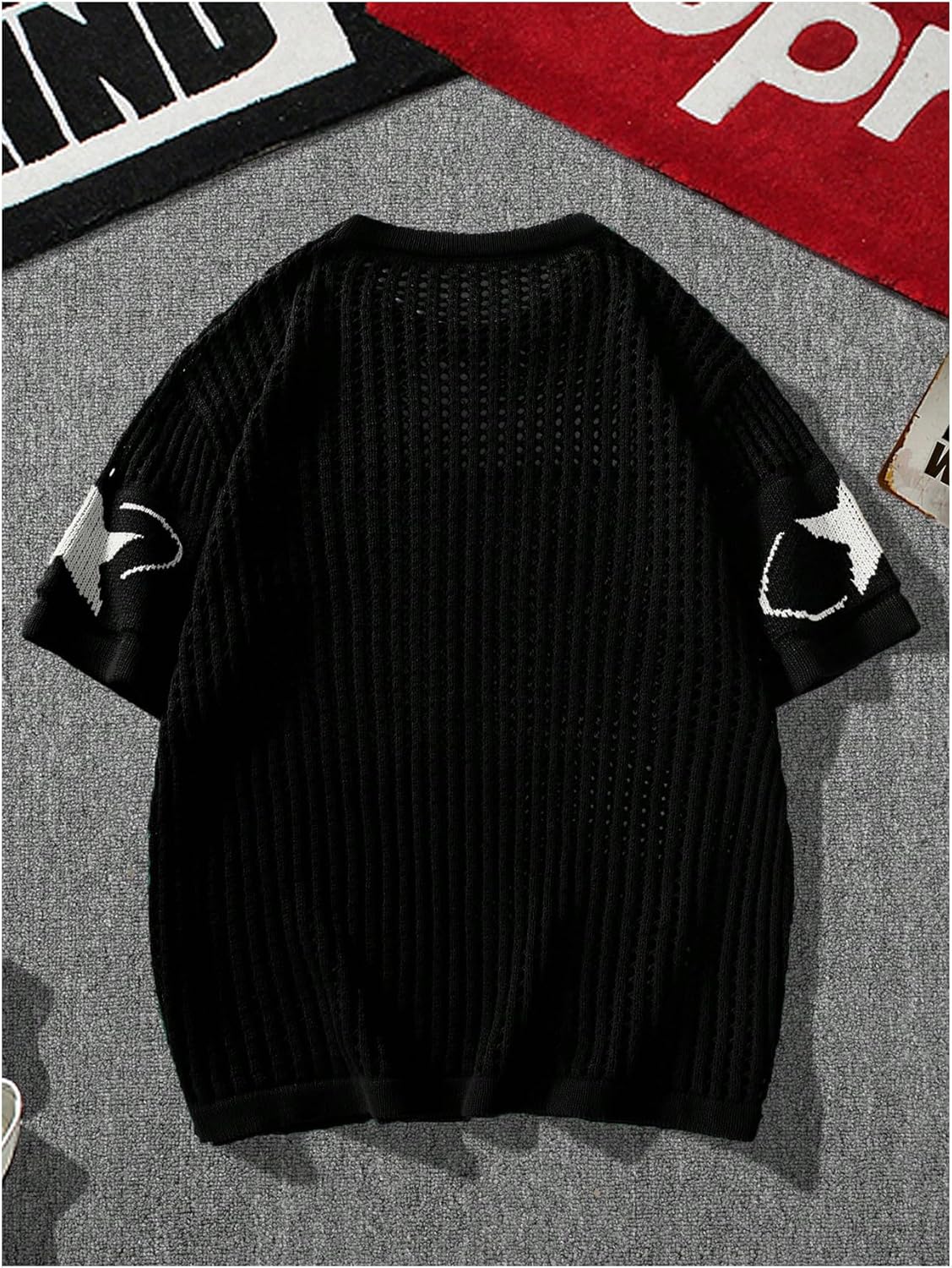 Verdusa Men's Jersey Shirt Crochet Sweater Short Sleeve Graphic Print Hollow Out Lightweight Pullover Knit Tops Print Black Small - Image 2