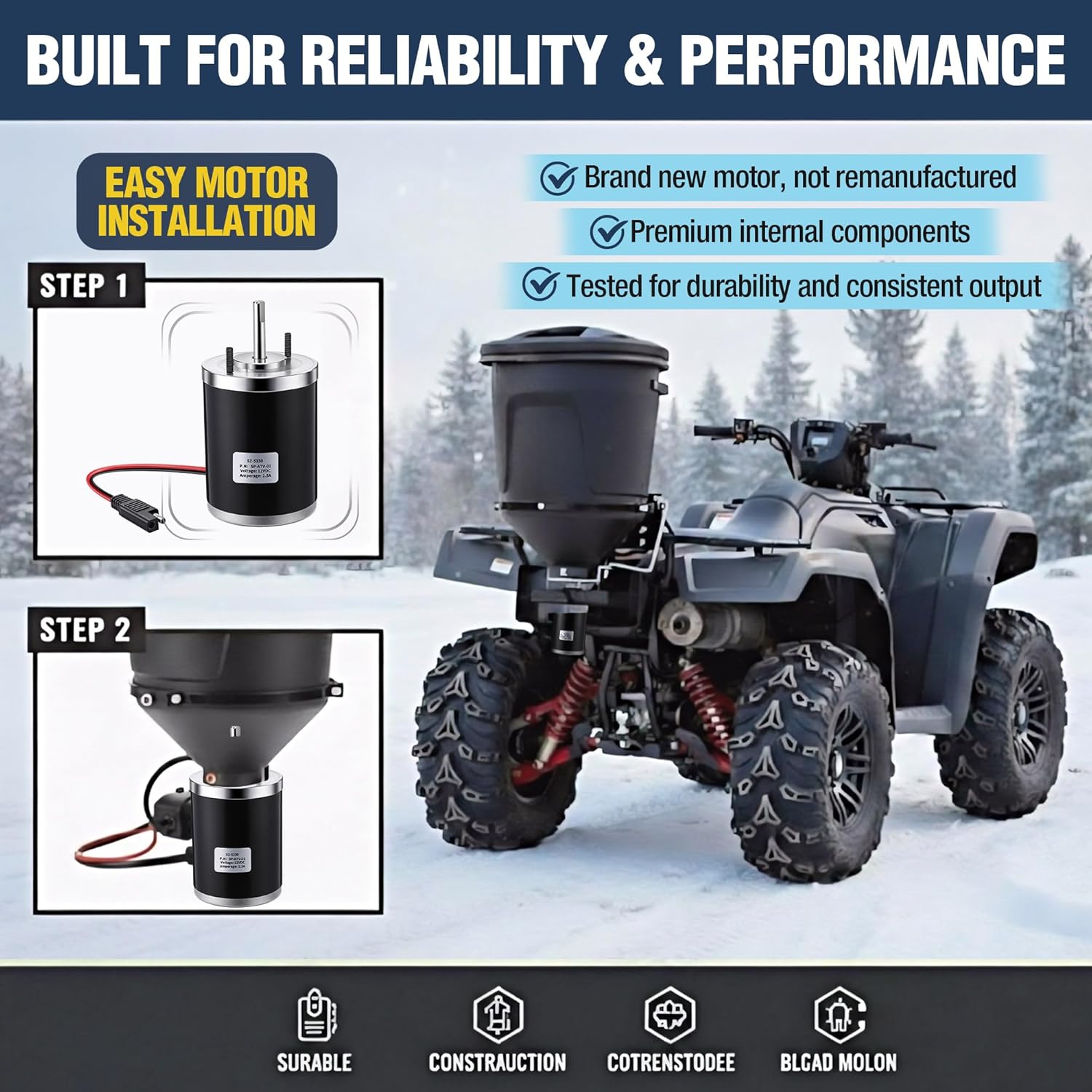 12V Salt Spreader Motor Replacement 3000966 Compatible with Buyers SaltDogg ATVS15A UTVS16, 18W 900RPM 2.5A Continuous Duty Spreader Motor for Snow/Ice Salt Spreaders