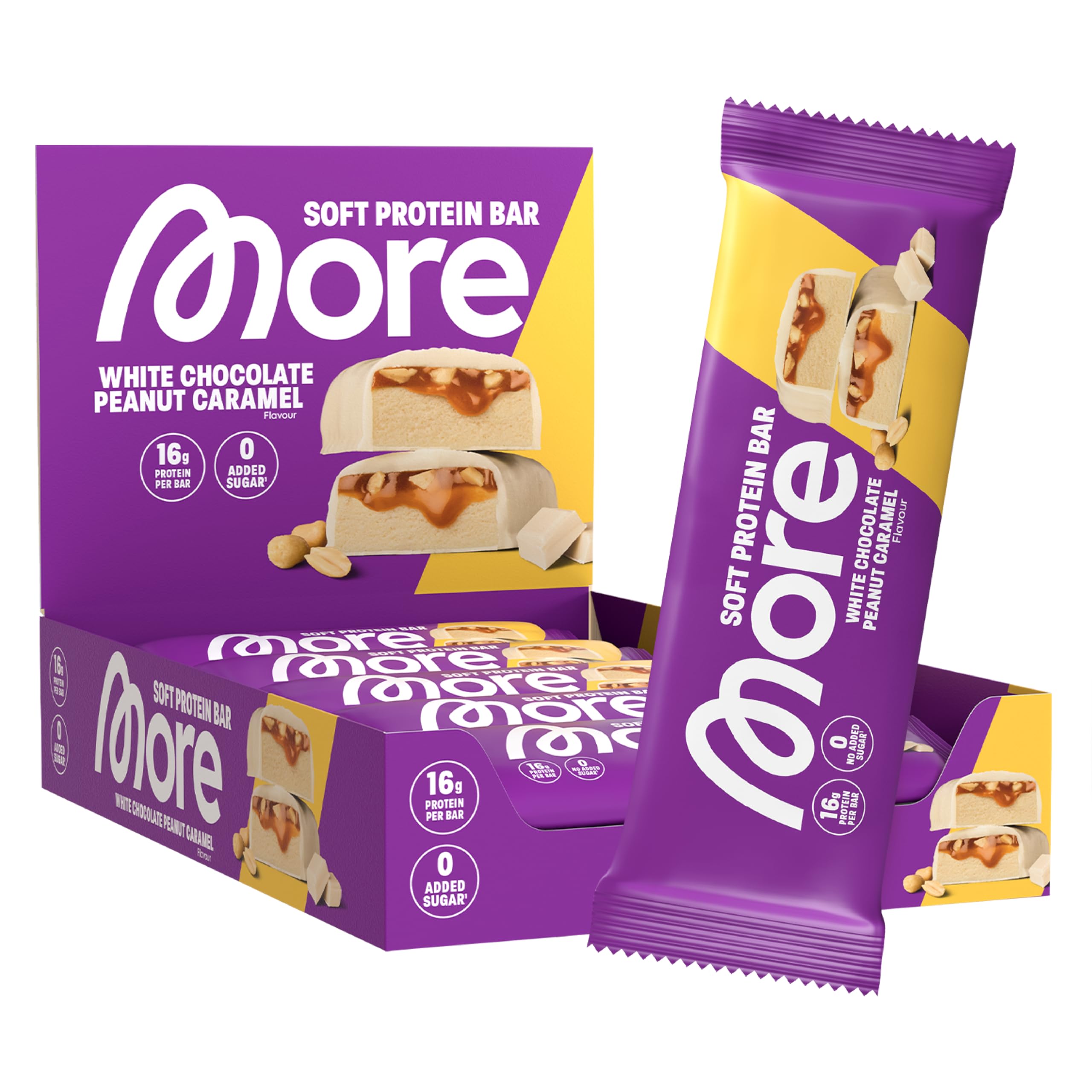 MORE Protein Bar, 10er Box, White Chocolate Peanut Caramel, Protein Riegel ohne Zuckerzusatz