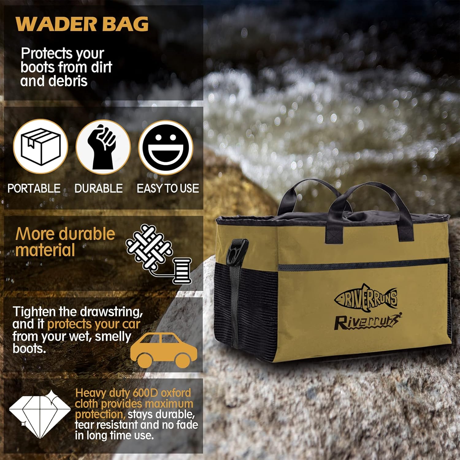 Rivruns Fishing Hunting Wader Bag with Vented Mesh, Waders Boots Storage Bag for Hiking, Camping