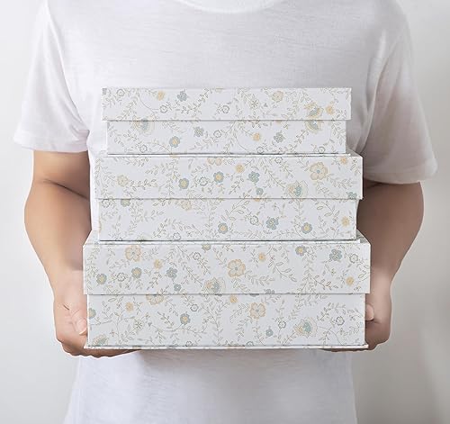 Miniatura 10 de Cajas de almacenamiento decorativas botánicas azules con tapas, juego de 3 cajas de recuerdo florales blancas con cierre magnético, almacenamiento