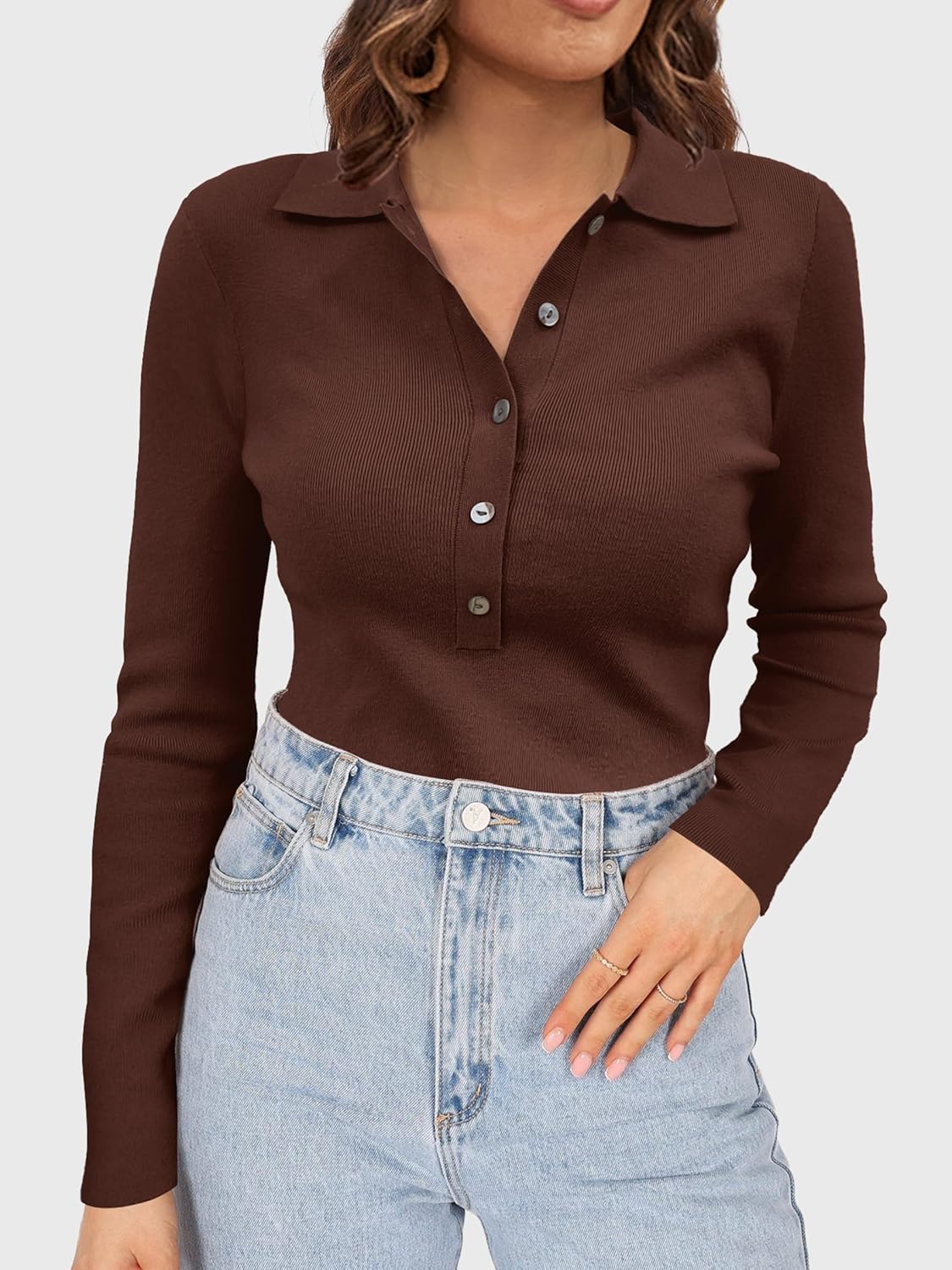 SuperPrity Long Sleeve Shirts for Women Spring Fashion V Neck Button Polo Sweaters Stretch Slim Fitted Knit Basic Tee Tops - Image 4