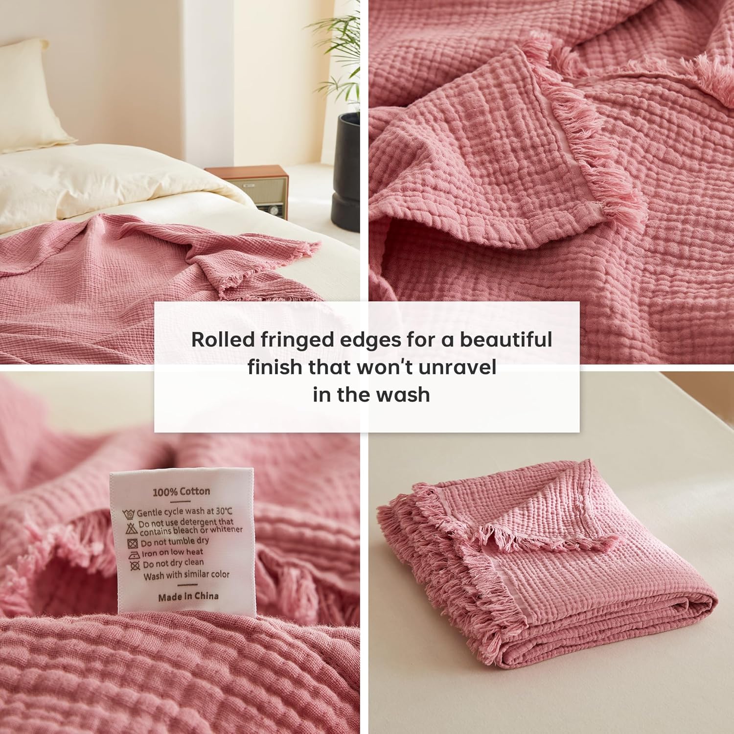 Simple&Opulence Cotton Muslin Throw Blanket 4 Layers for Bed, Couch, Woven Gauze Blanket with Tassels, Soft Lightweight Cozy Pre-Washed Breathable Farmhouse Decoration for All-Season(Dusty Pink) - Image 5