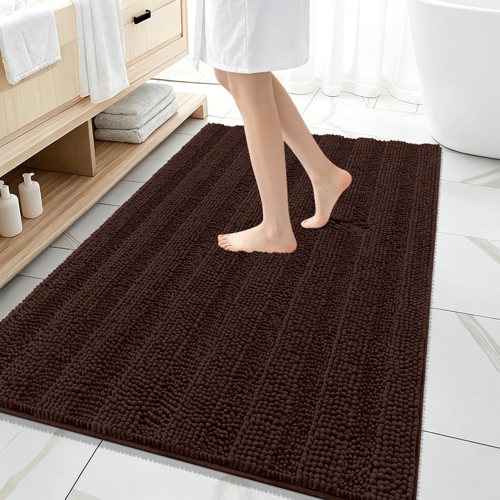 OLANLY Thick Large Bathroom Rugs 59x35, Soft Chenille Bath Rugs, Brown
