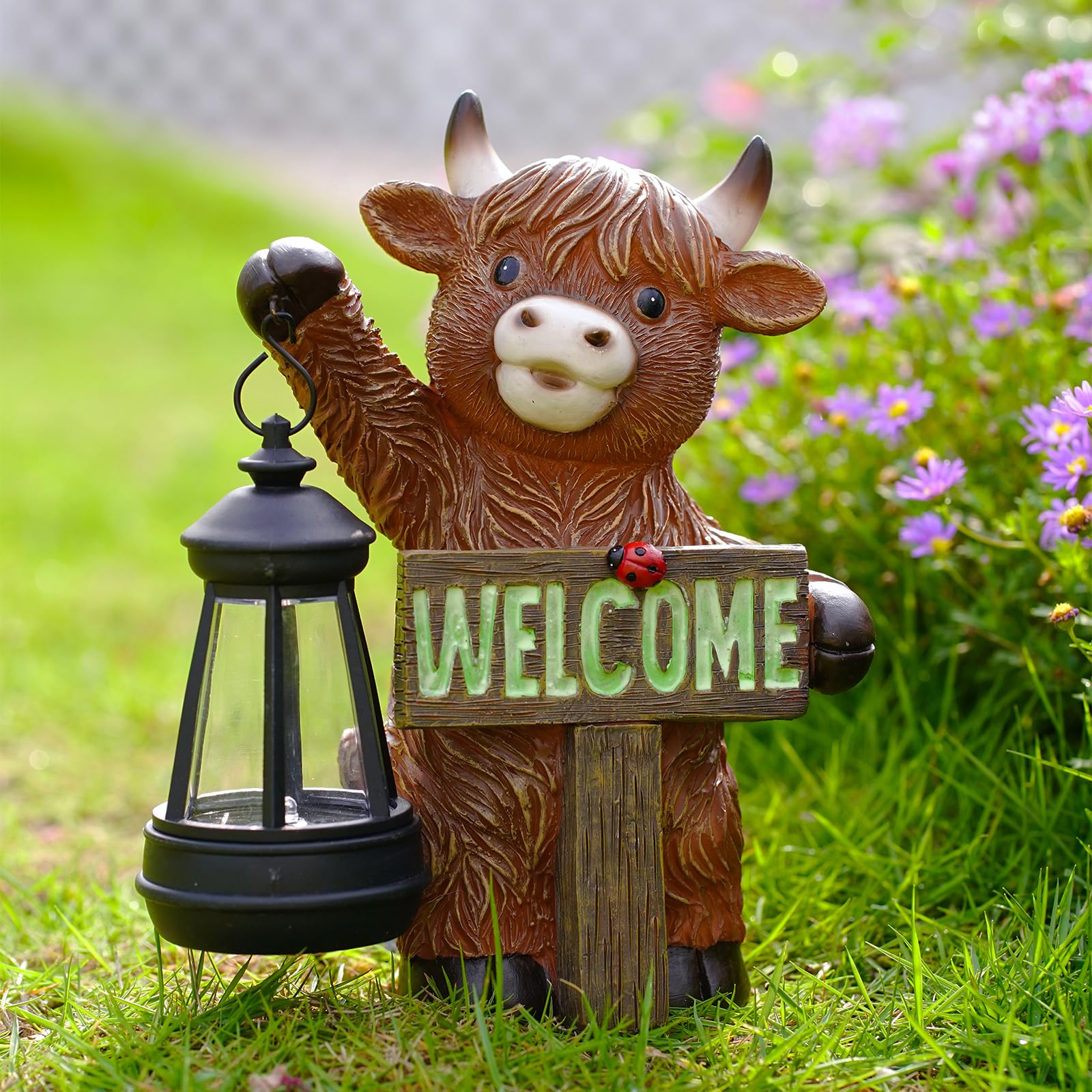 Statue solaire vache des Highlands pour décoration de jardin extérieur